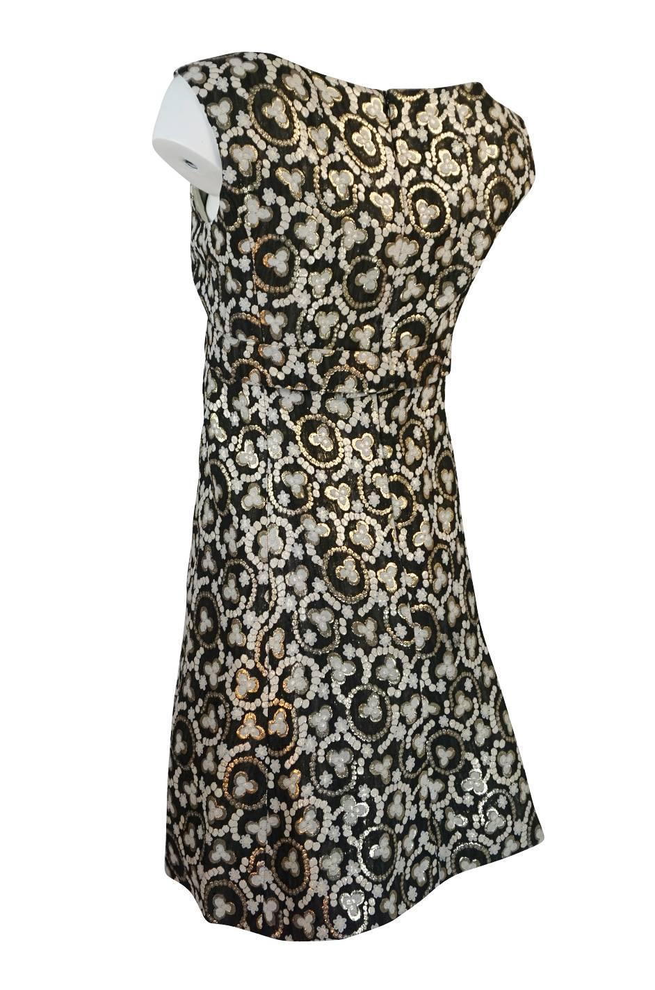 Women's Metallic Gold Thread Print Mod Shift Dress, 1960s 