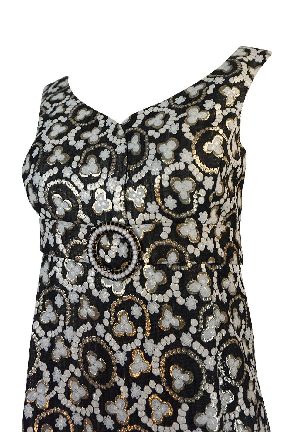 Metallic Gold Thread Print Mod Shift Dress, 1960s  2