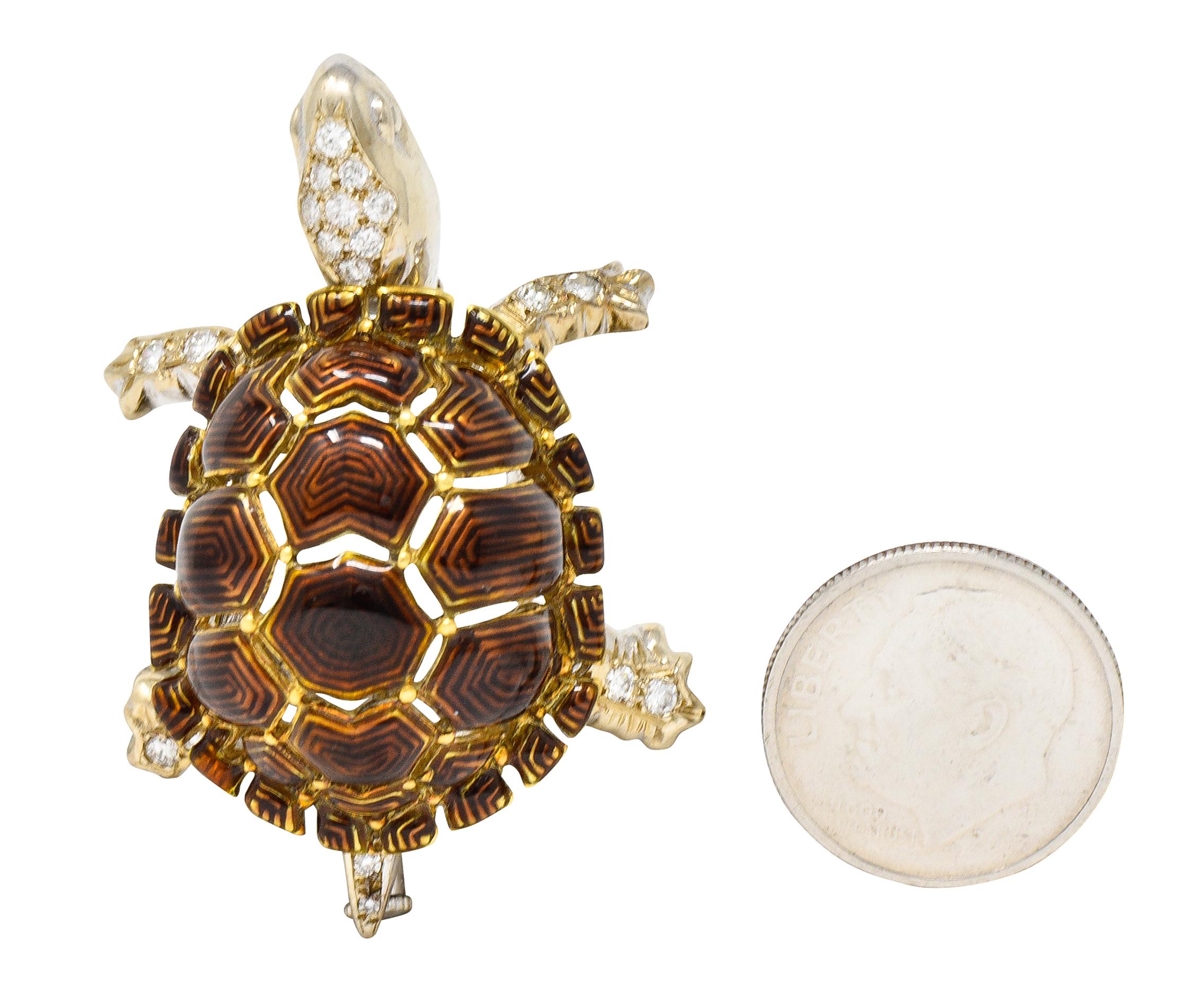1960's UnoAErre Vintage Italian Diamond Guilloche Enamel Turtle Brooch 5