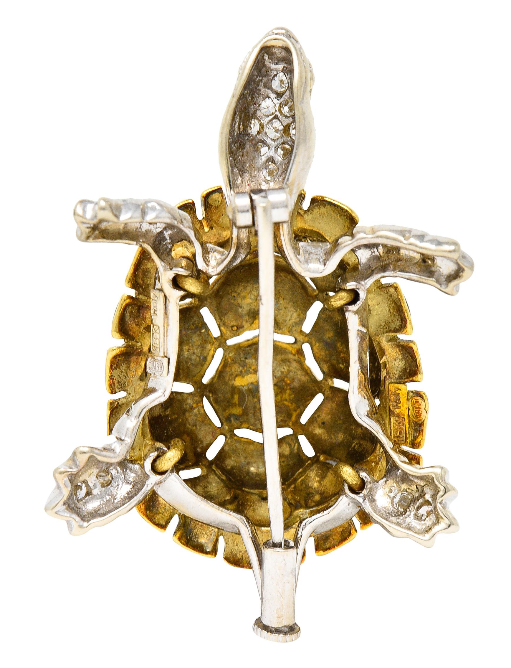 Contemporary 1960's UnoAErre Vintage Italian Diamond Guilloche Enamel Turtle Brooch