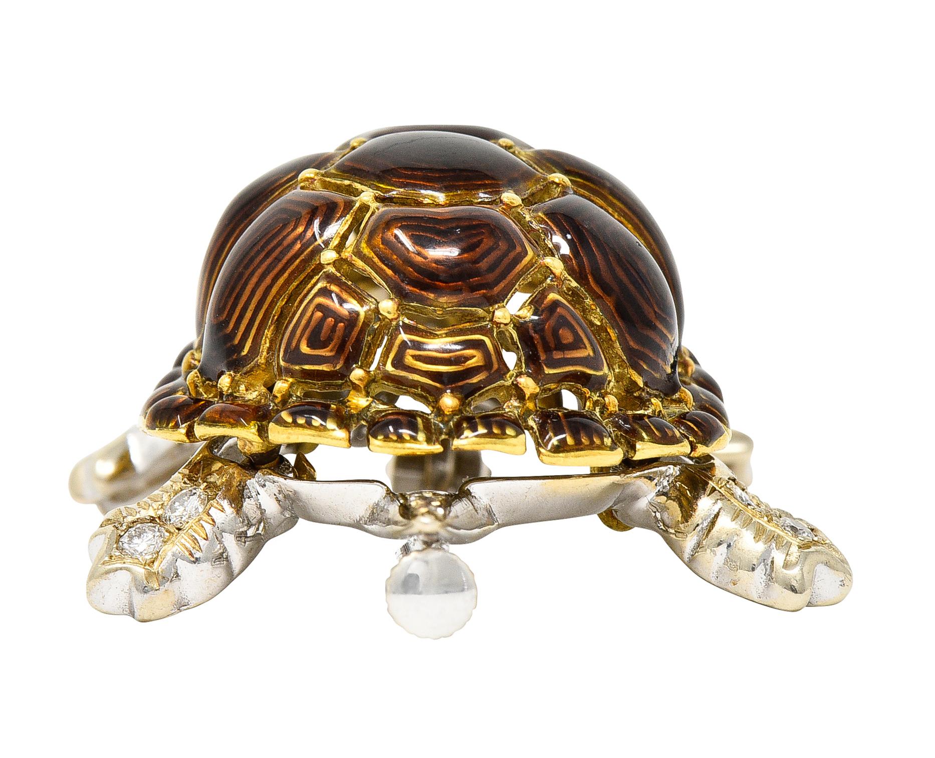 1960's UnoAErre Vintage Italian Diamond Guilloche Enamel Turtle Brooch 2
