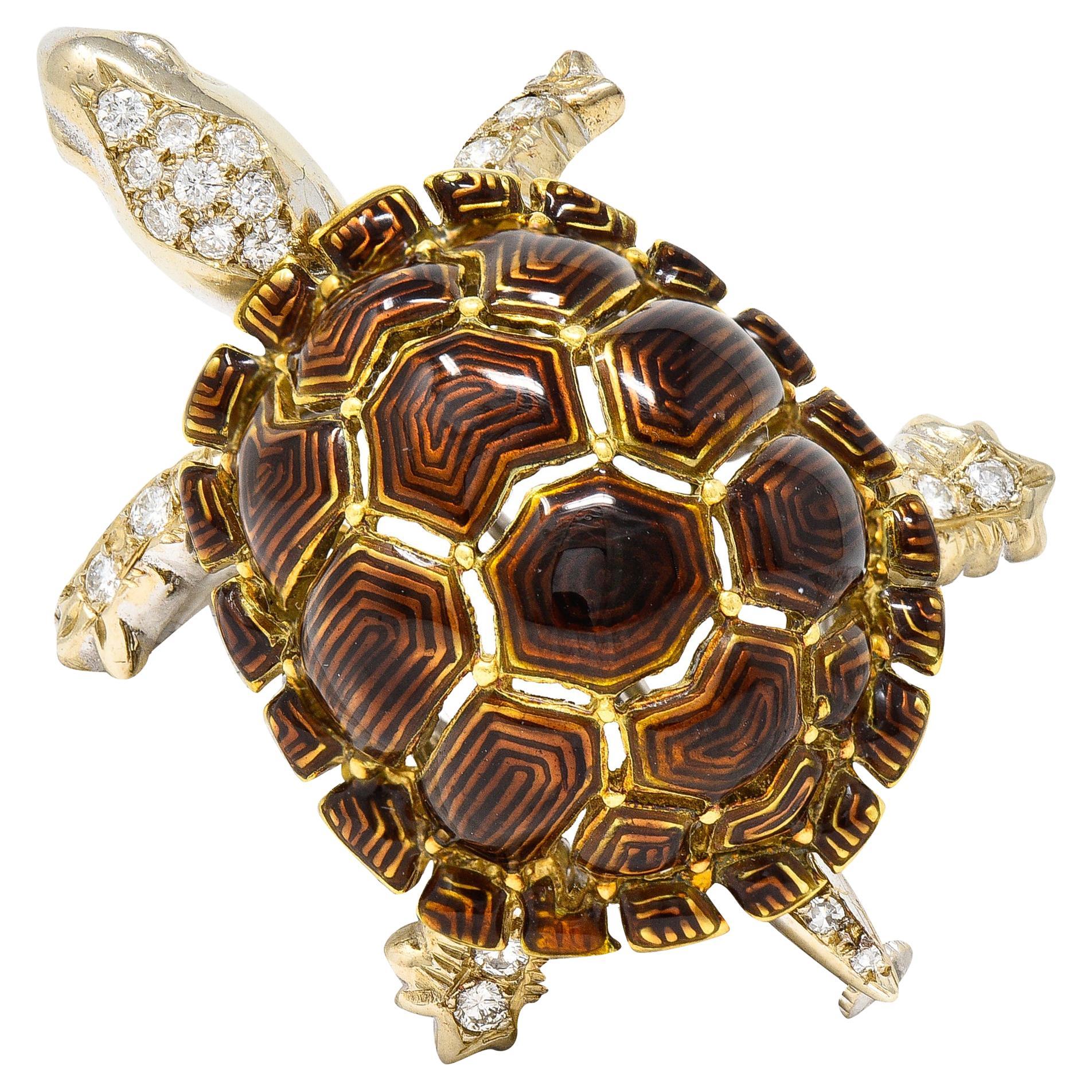 1960's UnoAErre Vintage Italian Diamond Guilloche Enamel Turtle Brooch