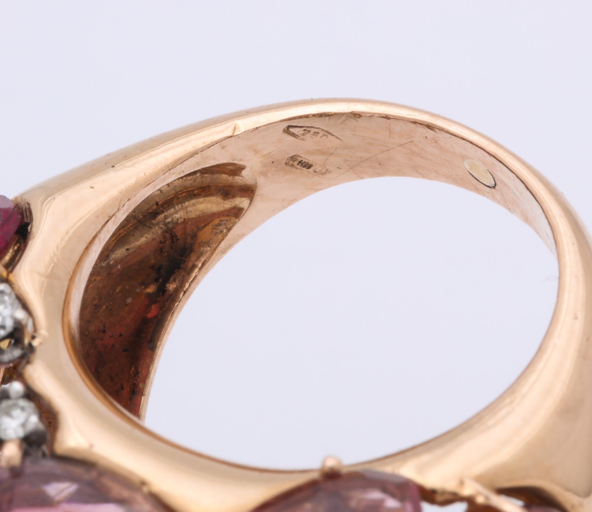 1960s Unusual and Artistic Diamond, Rubelite and Aquamarine Large Gold Ring 5