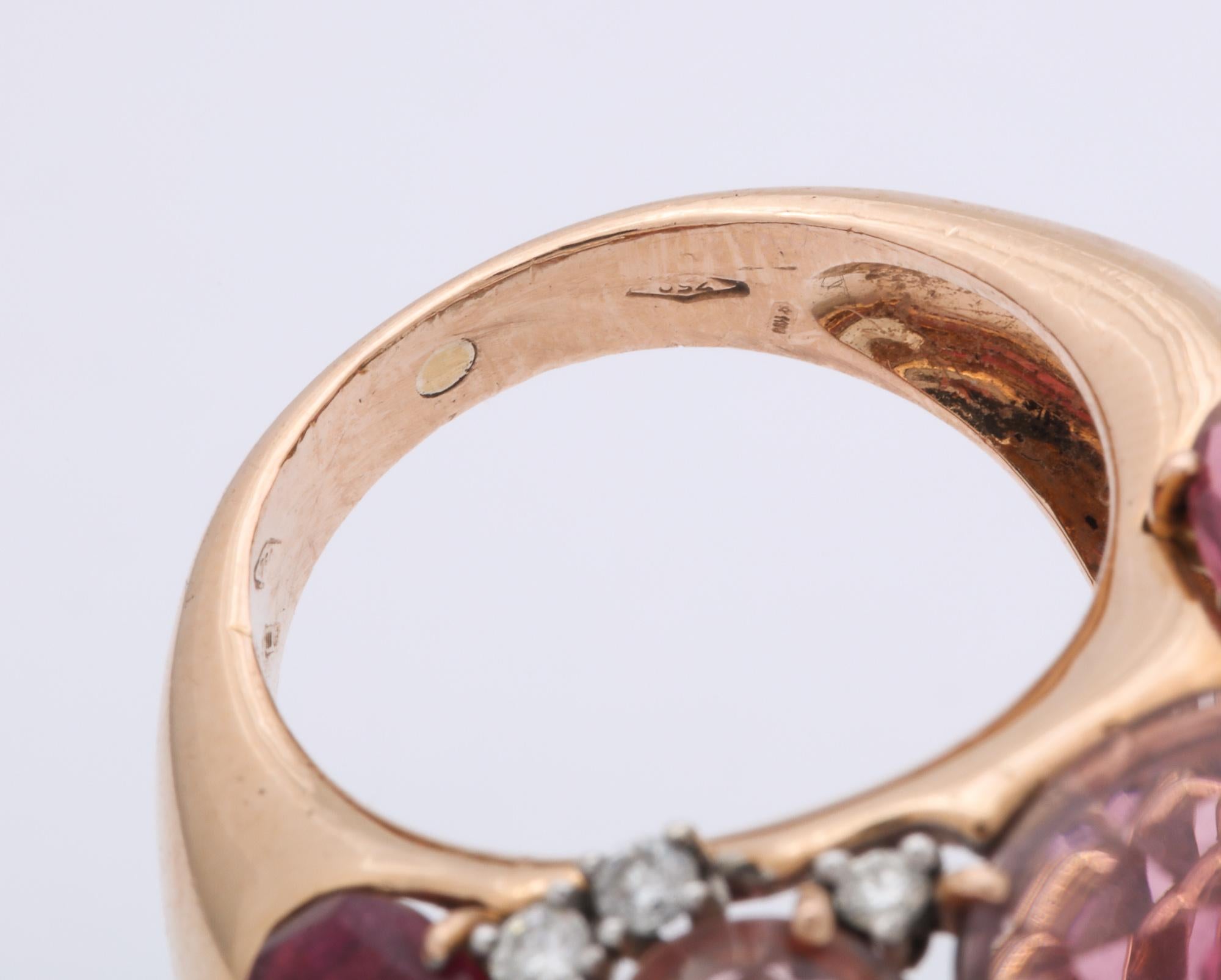 1960s Unusual and Artistic Diamond, Rubelite and Aquamarine Large Gold Ring 6