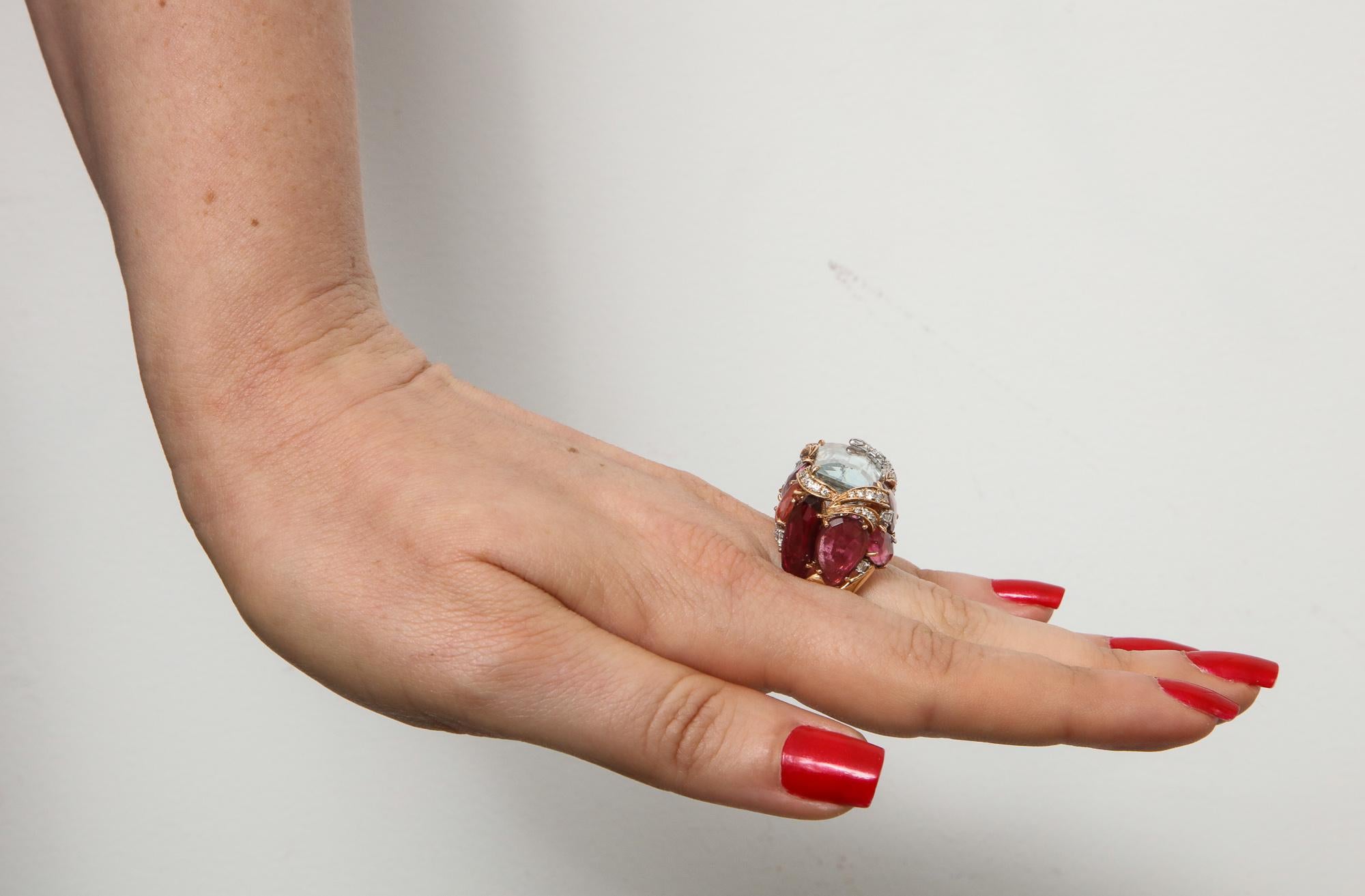 1960s Unusual and Artistic Diamond, Rubelite and Aquamarine Large Gold Ring 8