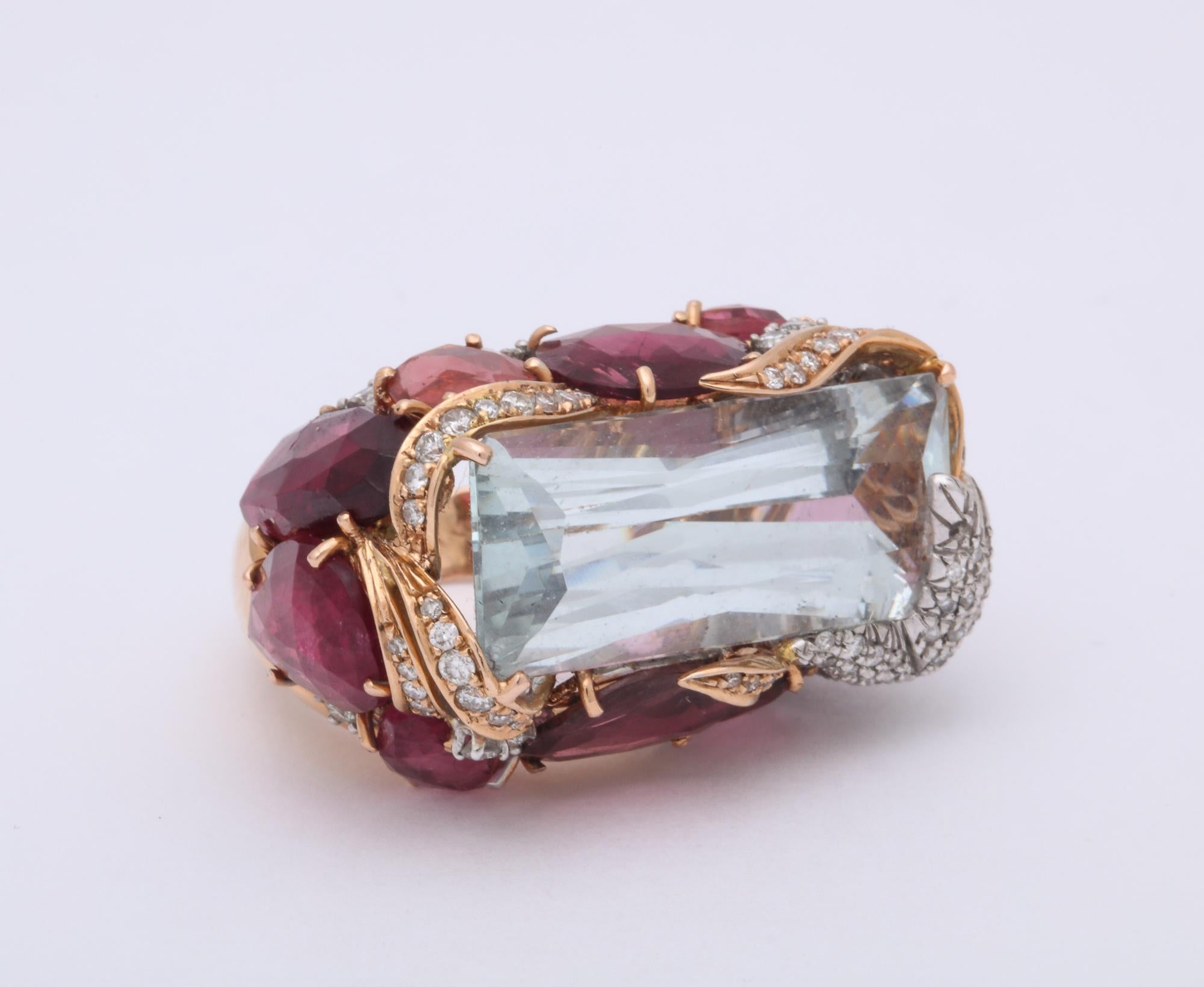 1960s Unusual and Artistic Diamond, Rubelite and Aquamarine Large Gold Ring In Good Condition In New York, NY