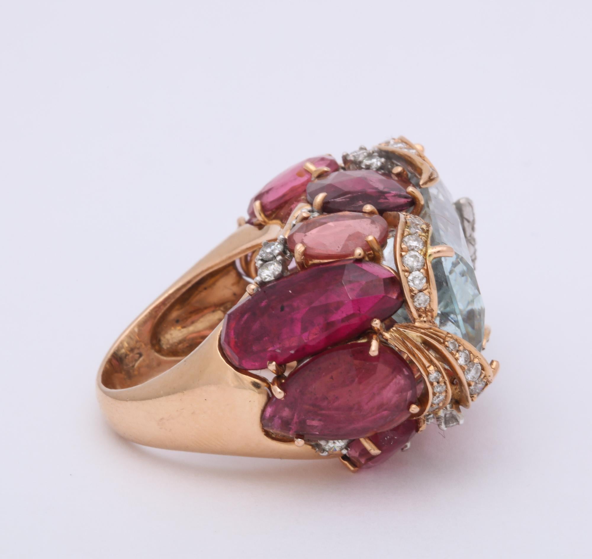 Women's 1960s Unusual and Artistic Diamond, Rubelite and Aquamarine Large Gold Ring