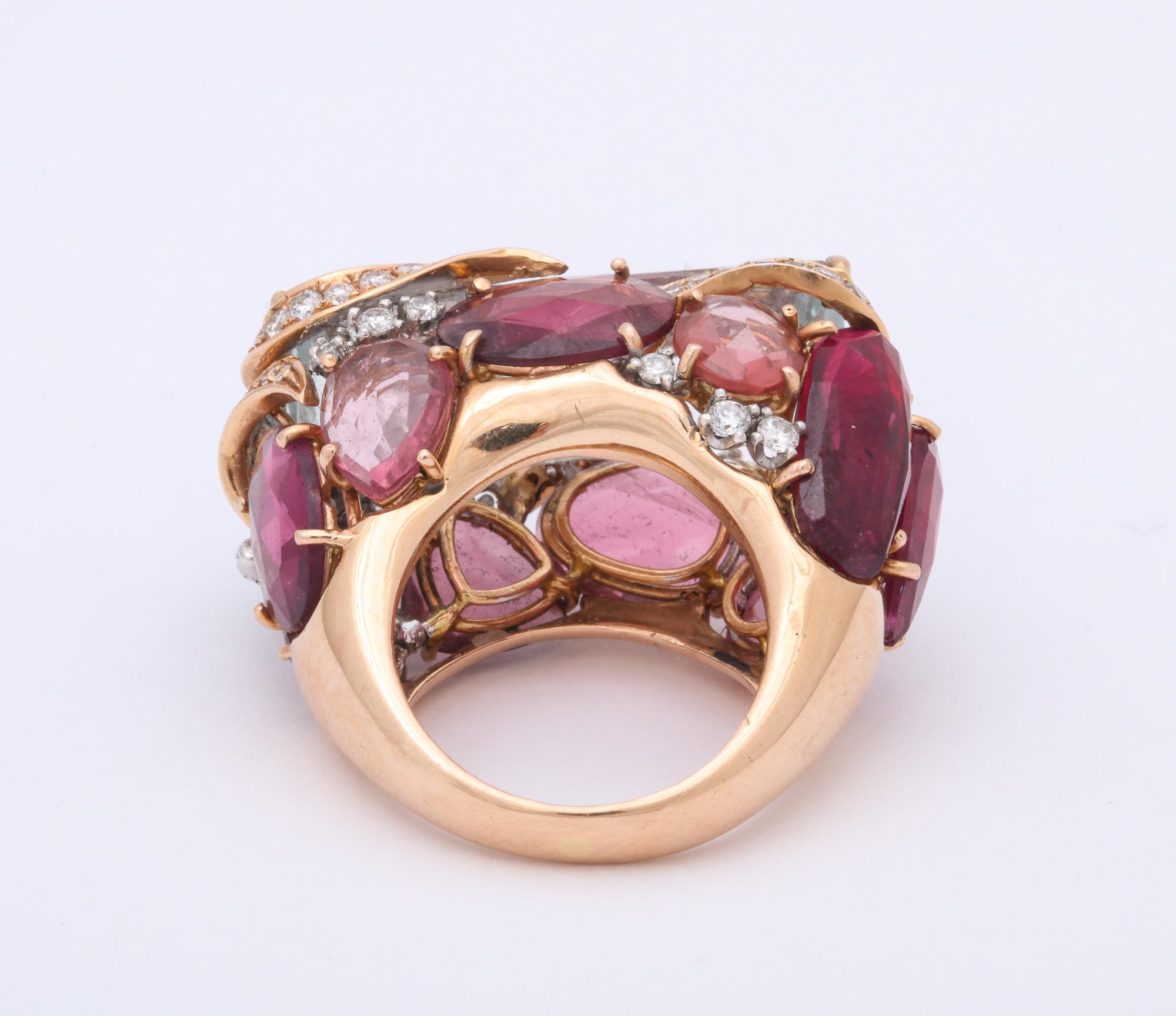 1960s Unusual and Artistic Diamond, Rubelite and Aquamarine Large Gold Ring 1