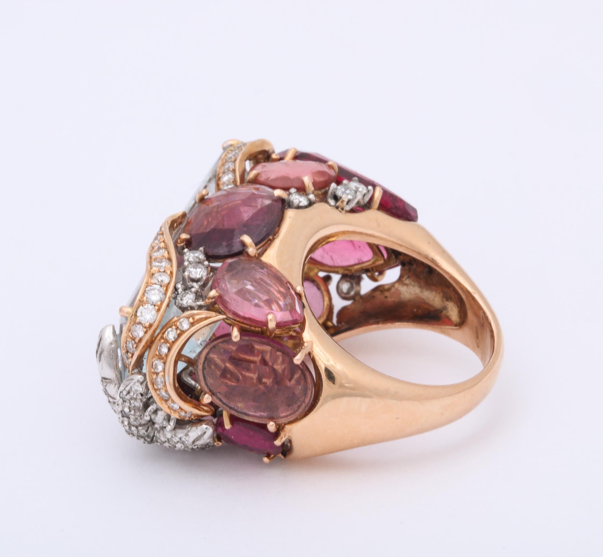 1960s Unusual and Artistic Diamond, Rubelite and Aquamarine Large Gold Ring 2