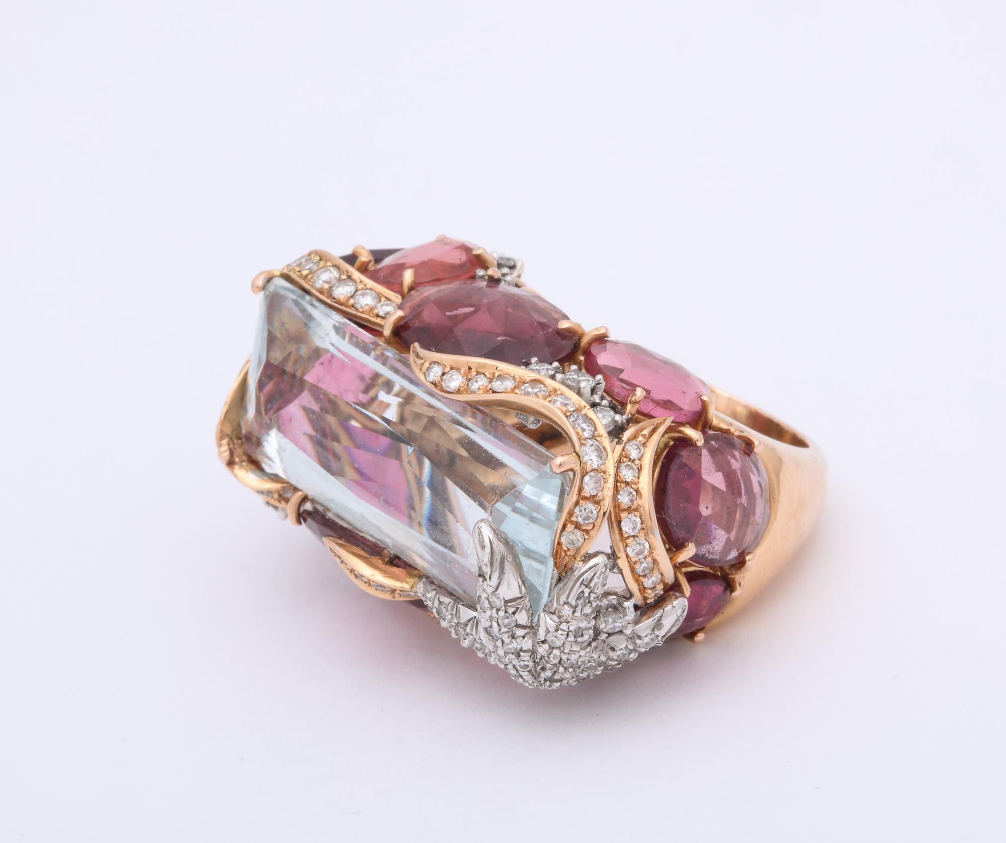 1960s Unusual and Artistic Diamond, Rubelite and Aquamarine Large Gold Ring 3