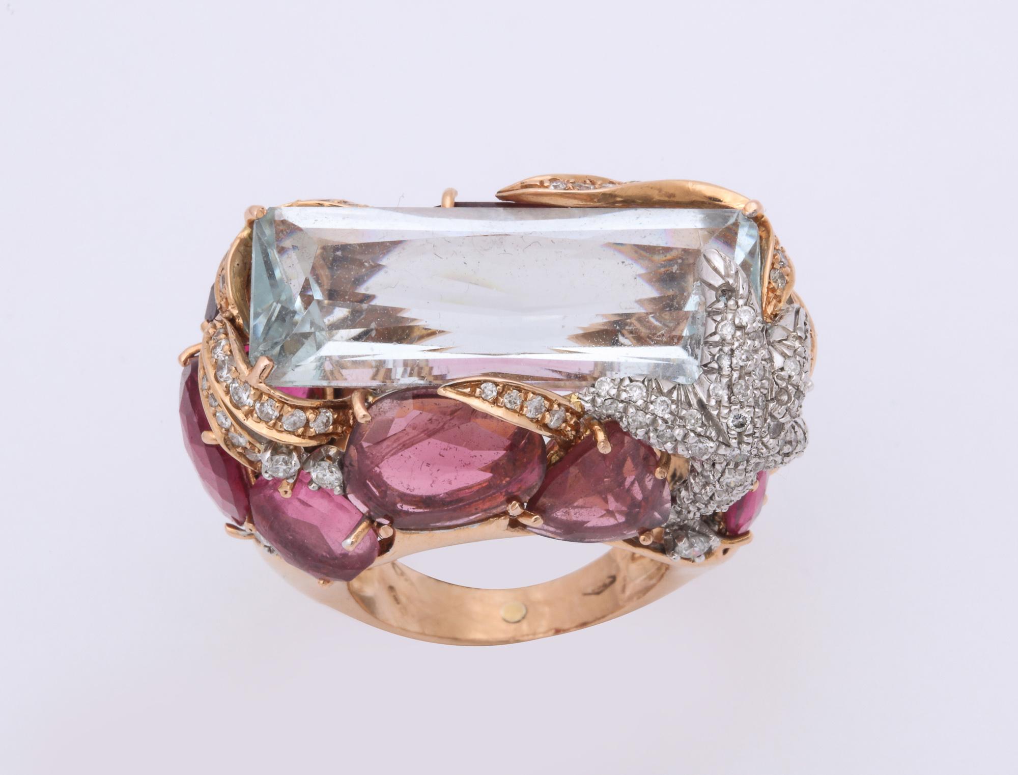 1960s Unusual and Artistic Diamond, Rubelite and Aquamarine Large Gold Ring 4