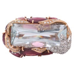 1960s Unusual and Artistic Diamond, Rubelite and Aquamarine Large Gold Ring