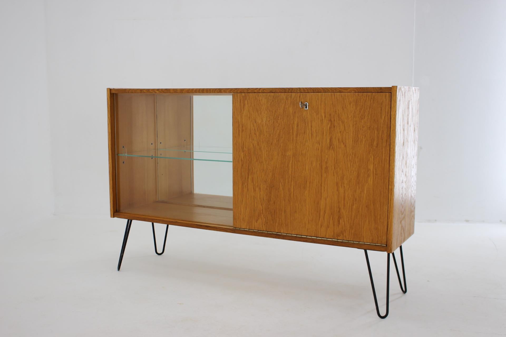 Mid-Century Modern 1960s Upcycled Oak and Glass Cabinet, Czechoslovakia