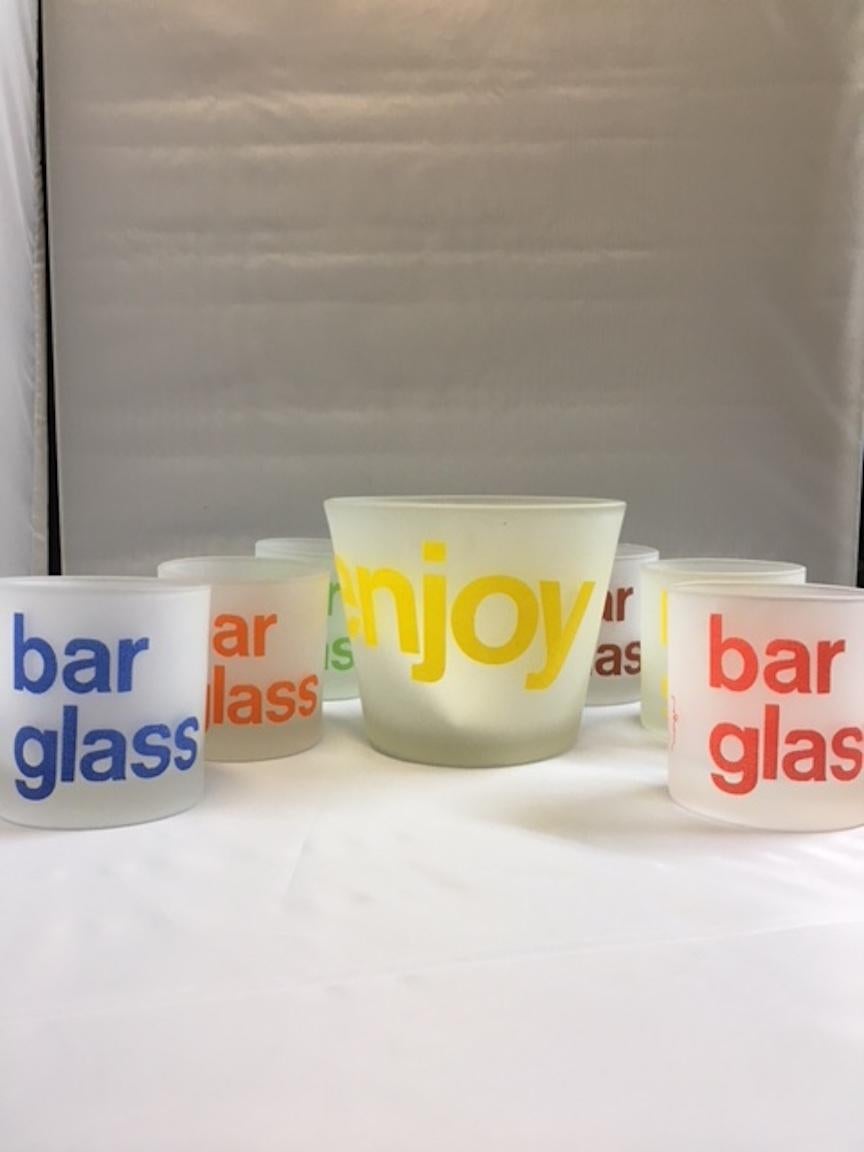 Mid-Century Morgan glassware with ice bucket and six low tumbler glassware.