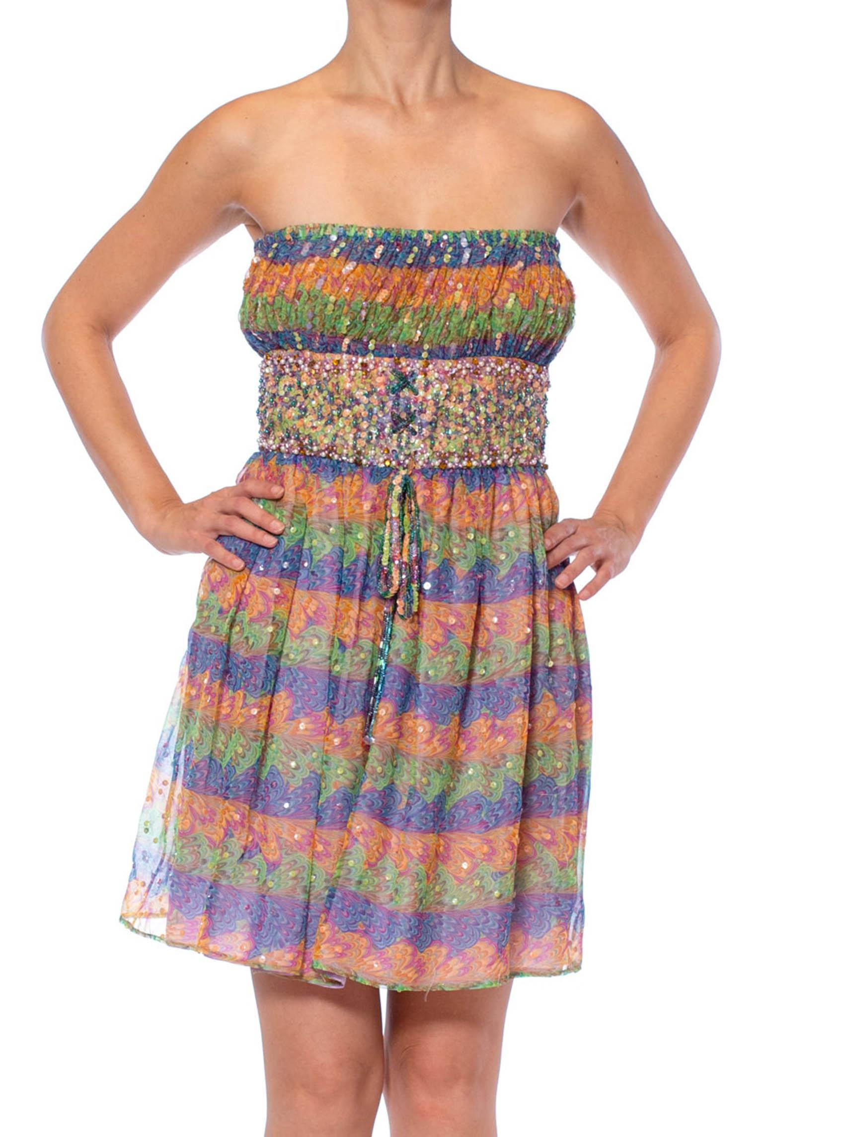 1960S VALENTINA Rainbow Psychedelic Polyester Chiffon Strapless Beaded Mini Coc For Sale 2