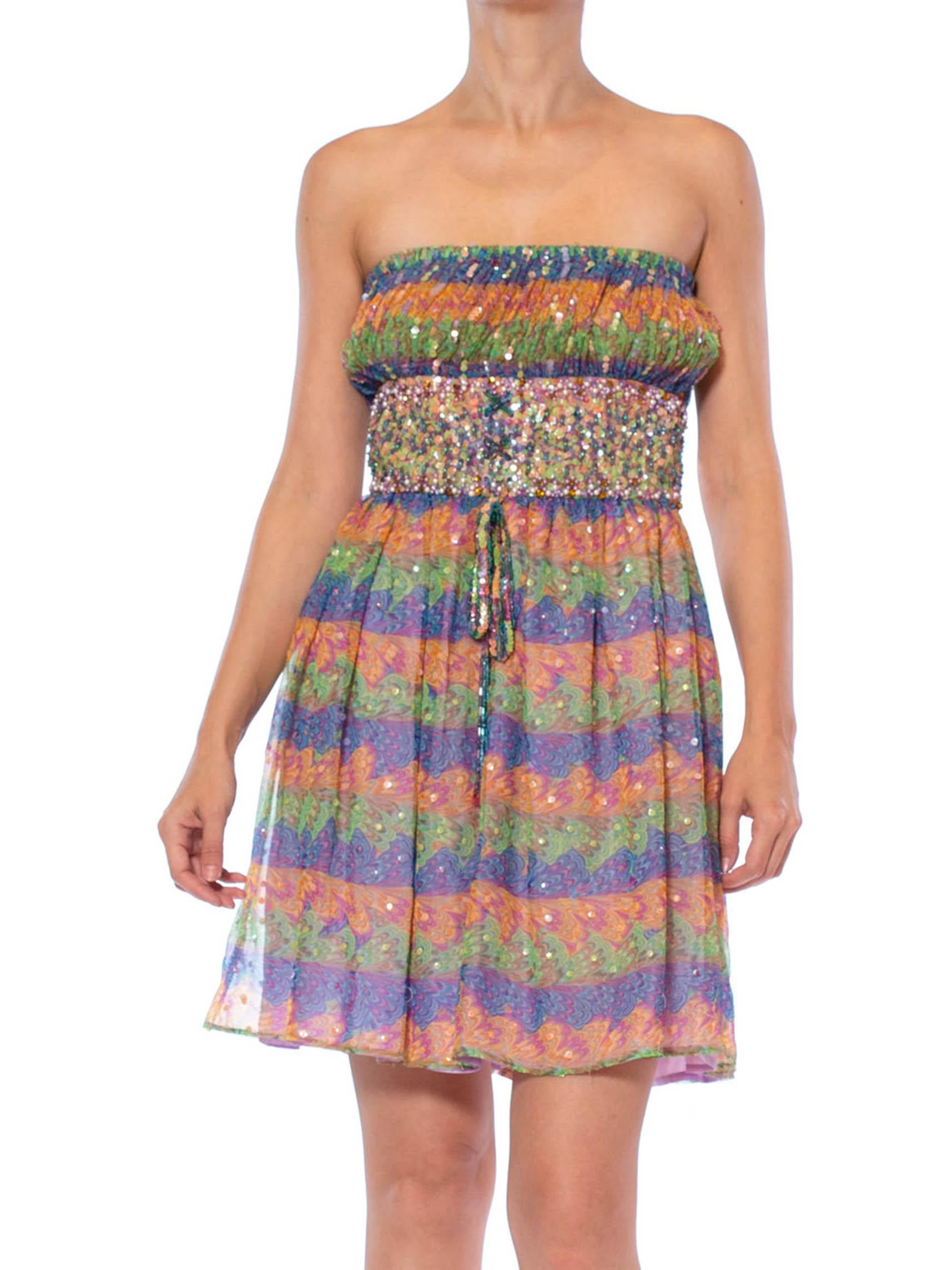 1960S VALENTINA Rainbow Psychedelic Polyester Chiffon Strapless Beaded Mini Cocktail Dress