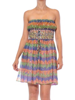 1960S VALENTINA Rainbow Psychedelic Polyester Chiffon Strapless Beaded Mini Coc