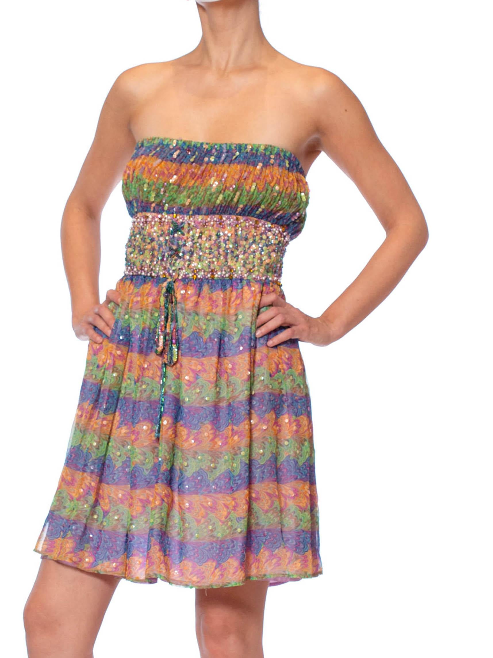 1960S VALENTINA Rainbow Psychedelic Polyester Chiffon Strapless Beaded Mini Coc In Excellent Condition For Sale In New York, NY