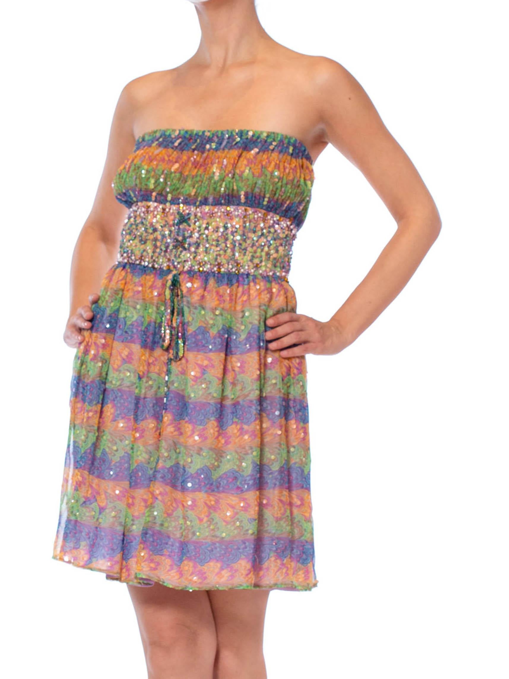 1960S VALENTINA Rainbow Psychedelic Polyester Chiffon Strapless Beaded Mini Coc For Sale 1