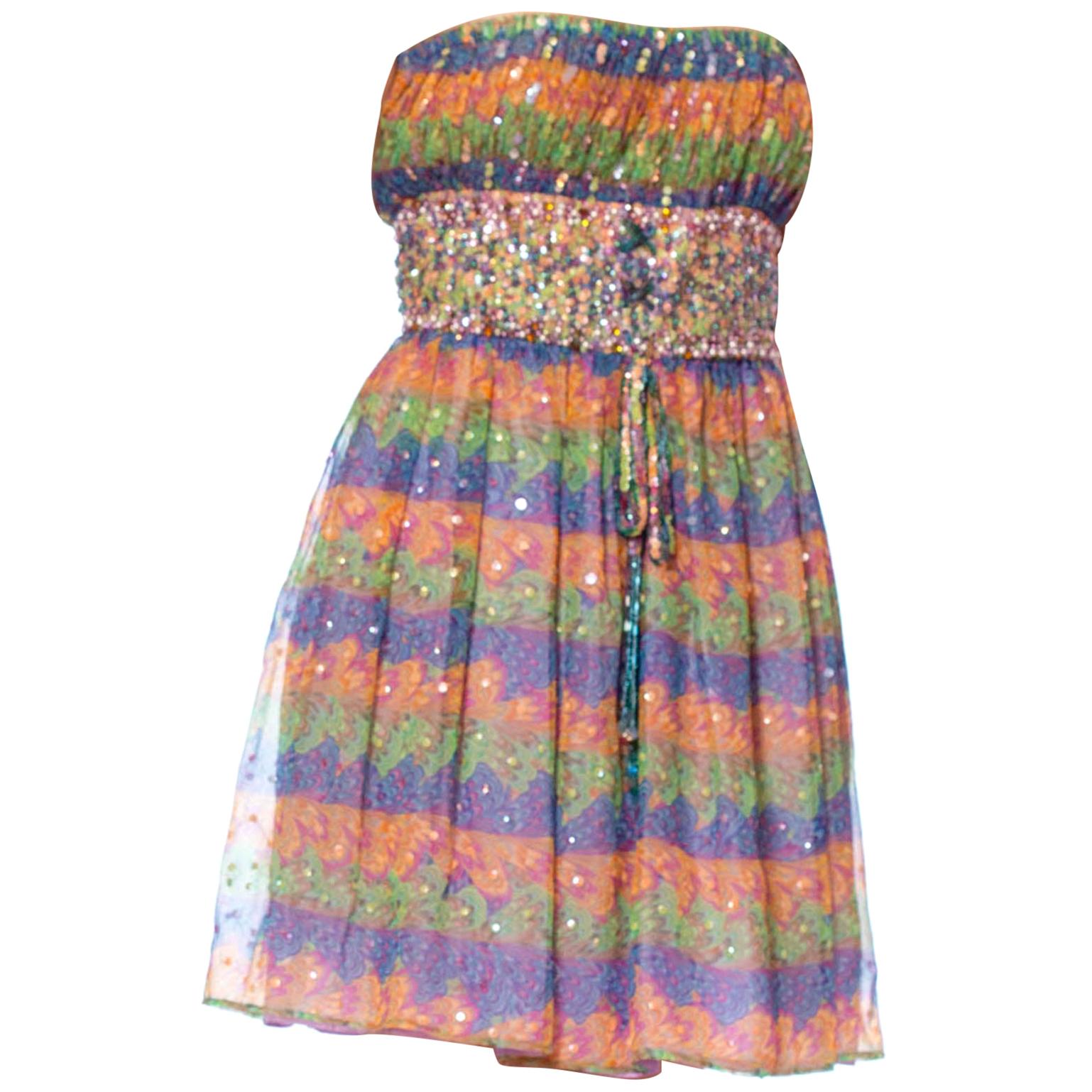 1960S VALENTINA Rainbow Psychedelic Polyester Chiffon Strapless Beaded Mini Coc For Sale