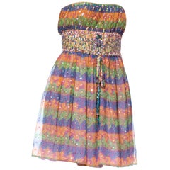 Vintage 1960S VALENTINA Rainbow Psychedelic Polyester Chiffon Strapless Beaded Mini Coc