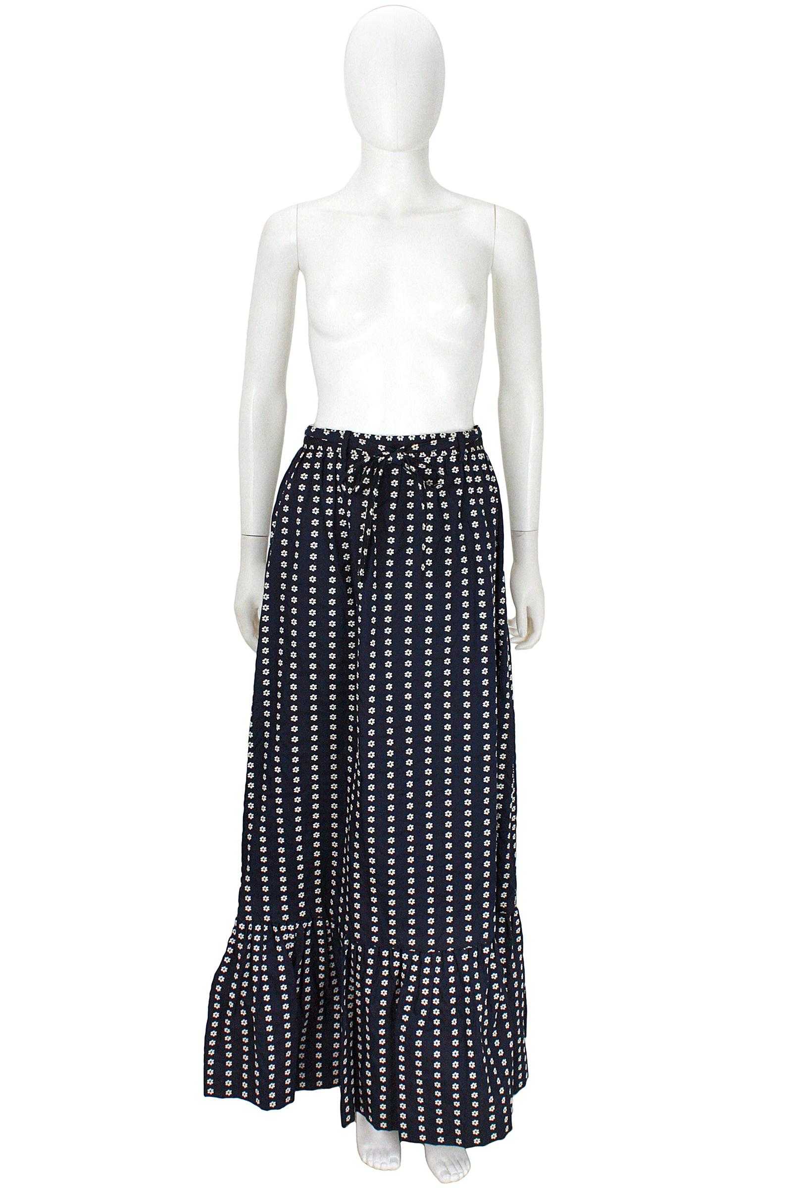 Black VALENTINO Boutique Circa 1960s Navy & White Floral Pattern Maxi  Skirt