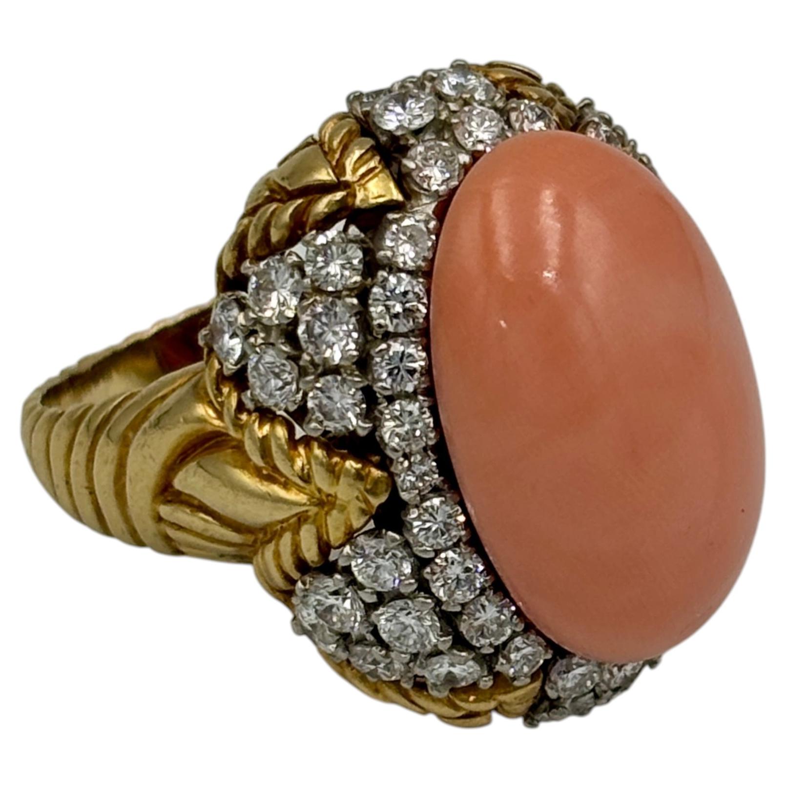 1960s Van Cleef & Arpels 18k gold, cabochon coral and diamond cocktail ring