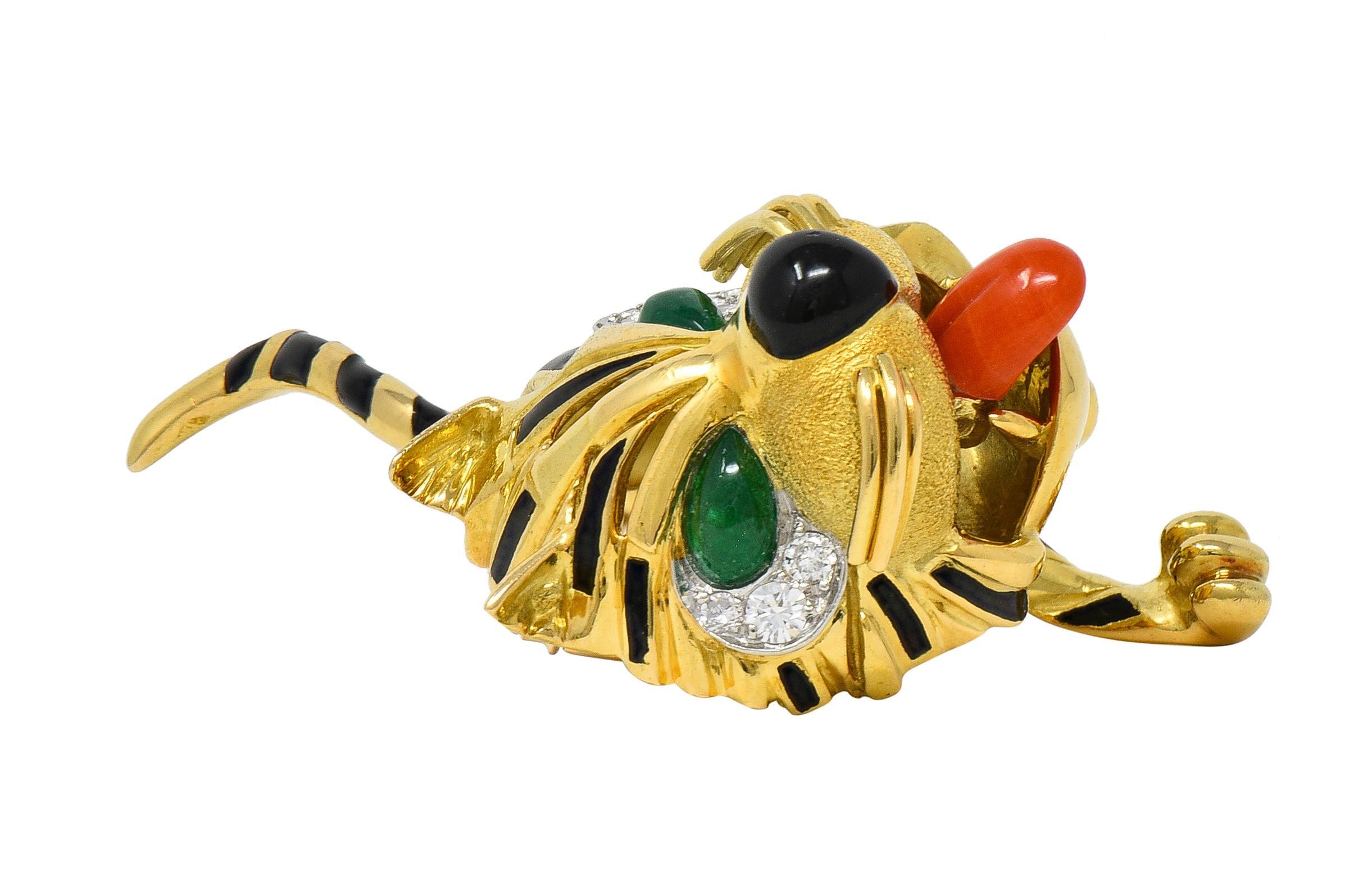 1960's Van Cleef & Arpels Französisch Multi-Gem 18K Gold Vintage Tiger Brosche (Tropfenschliff) im Angebot