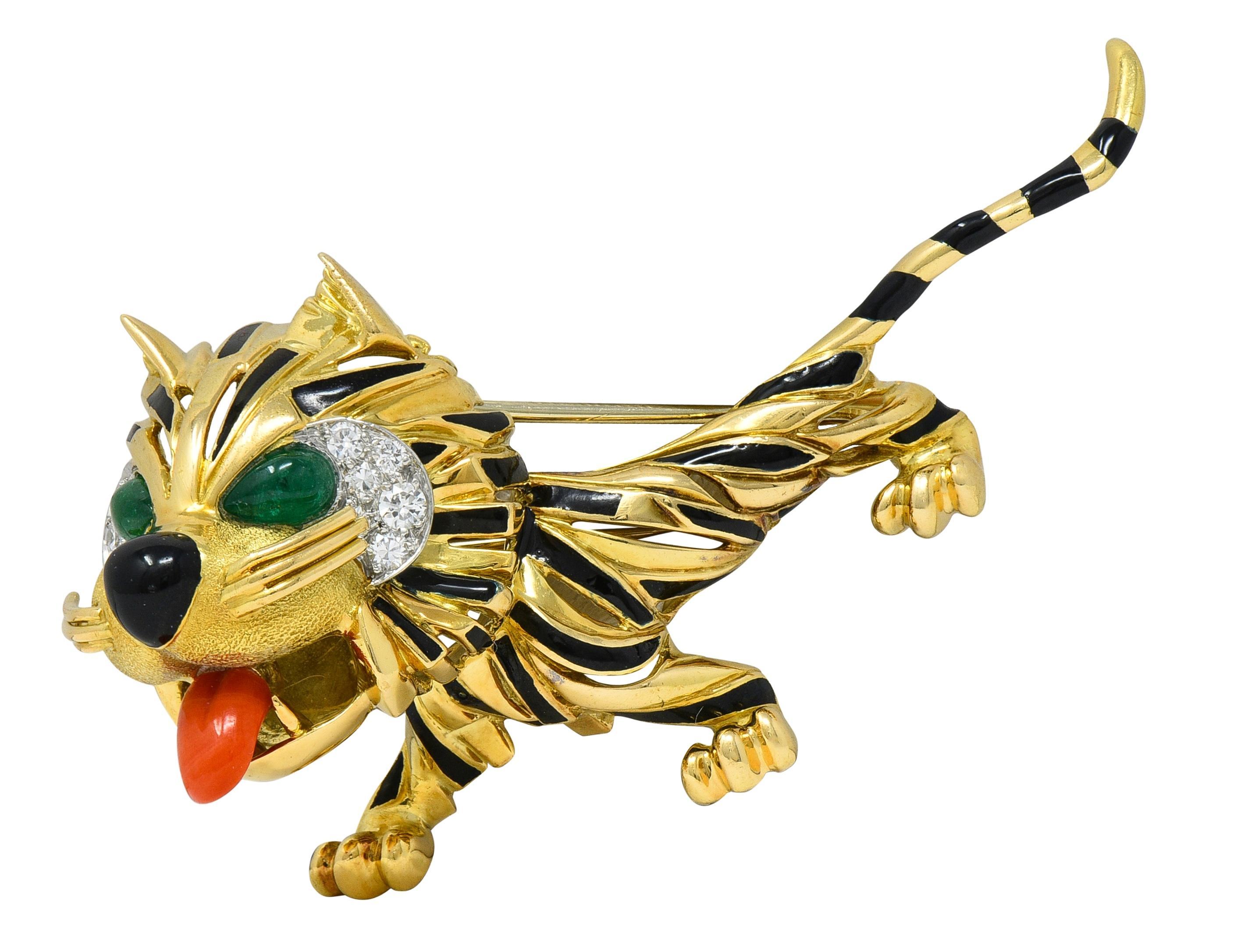 1960's Van Cleef & Arpels Französisch Multi-Gem 18K Gold Vintage Tiger Brosche im Angebot 1