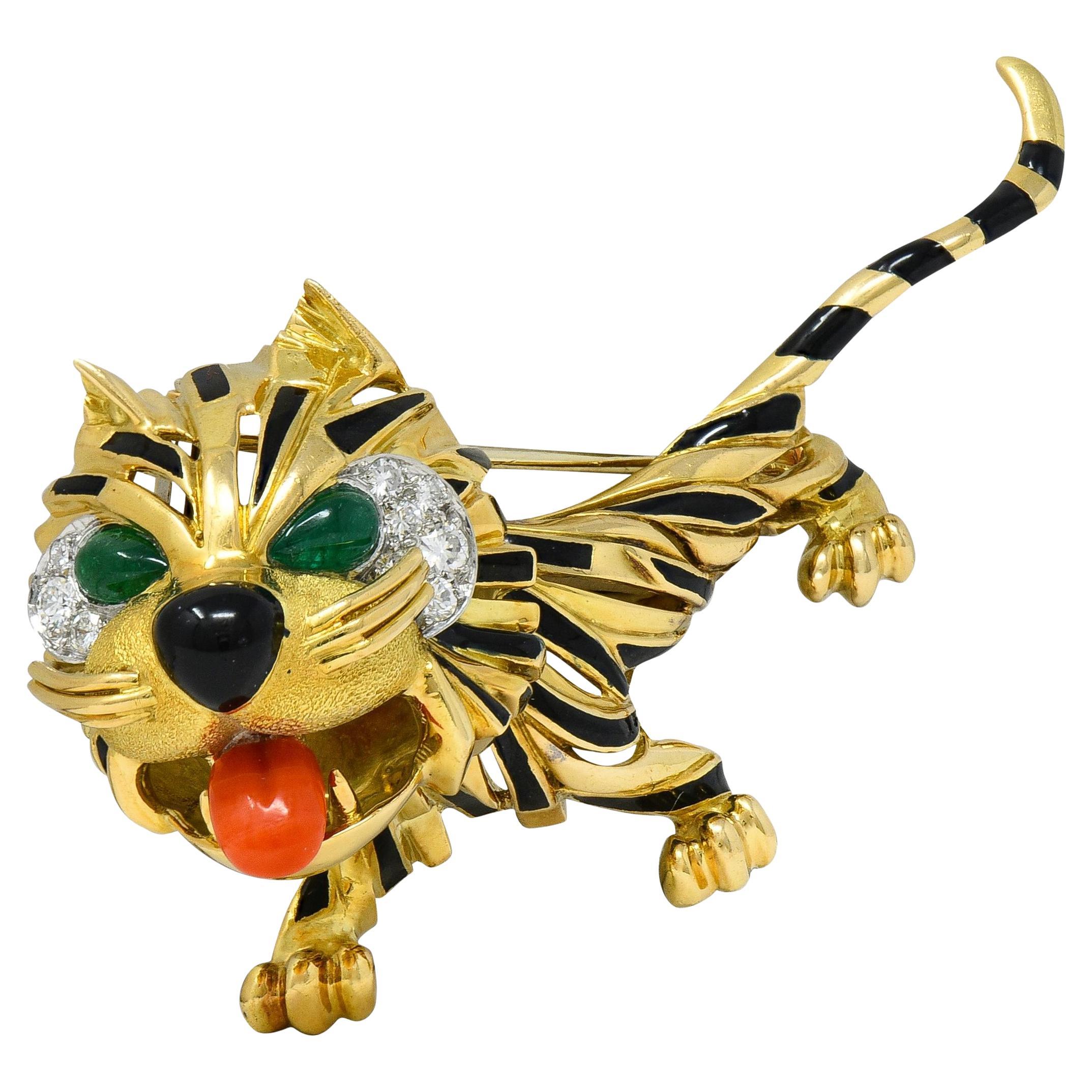 1960's Van Cleef & Arpels Französisch Multi-Gem 18K Gold Vintage Tiger Brosche im Angebot