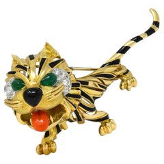 1960's Van Cleef & Arpels French Multi-Gem 18K Gold Vintage Tiger Brooch