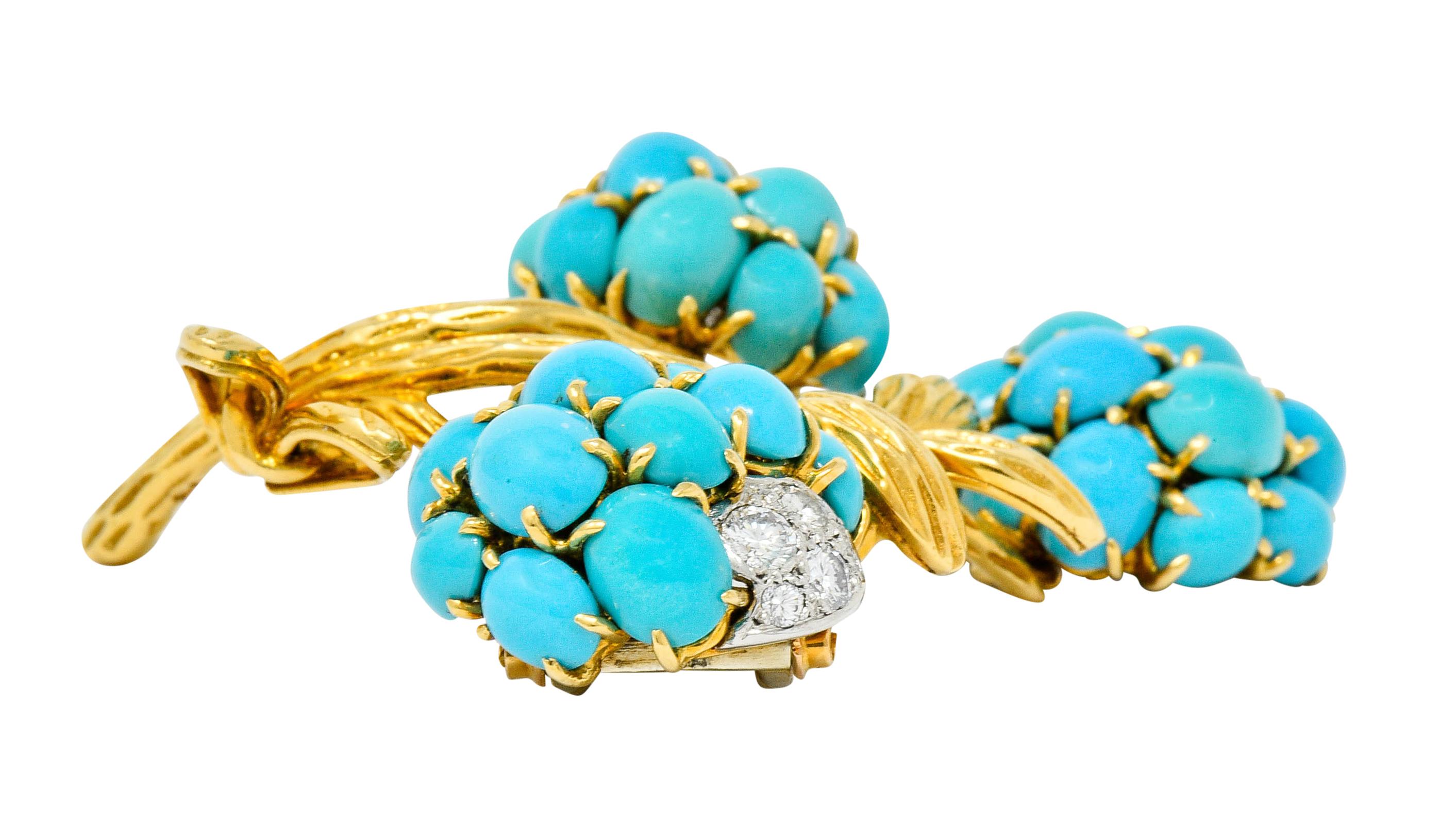 1960s Van Cleef & Arpels Pave Diamond Turquoise 18 Karat Gold Floral Brooch 4