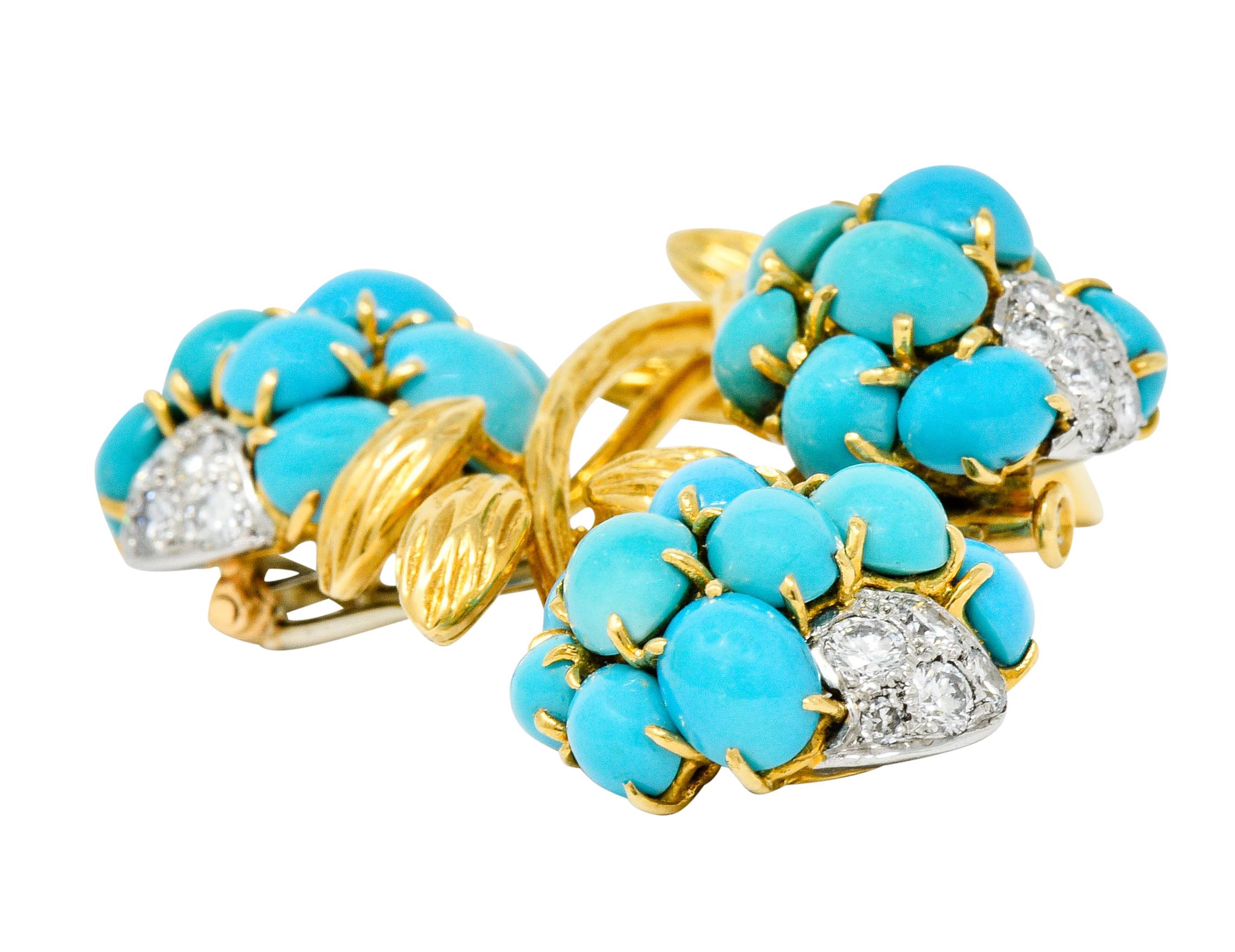 1960s Van Cleef & Arpels Pave Diamond Turquoise 18 Karat Gold Floral Brooch 5