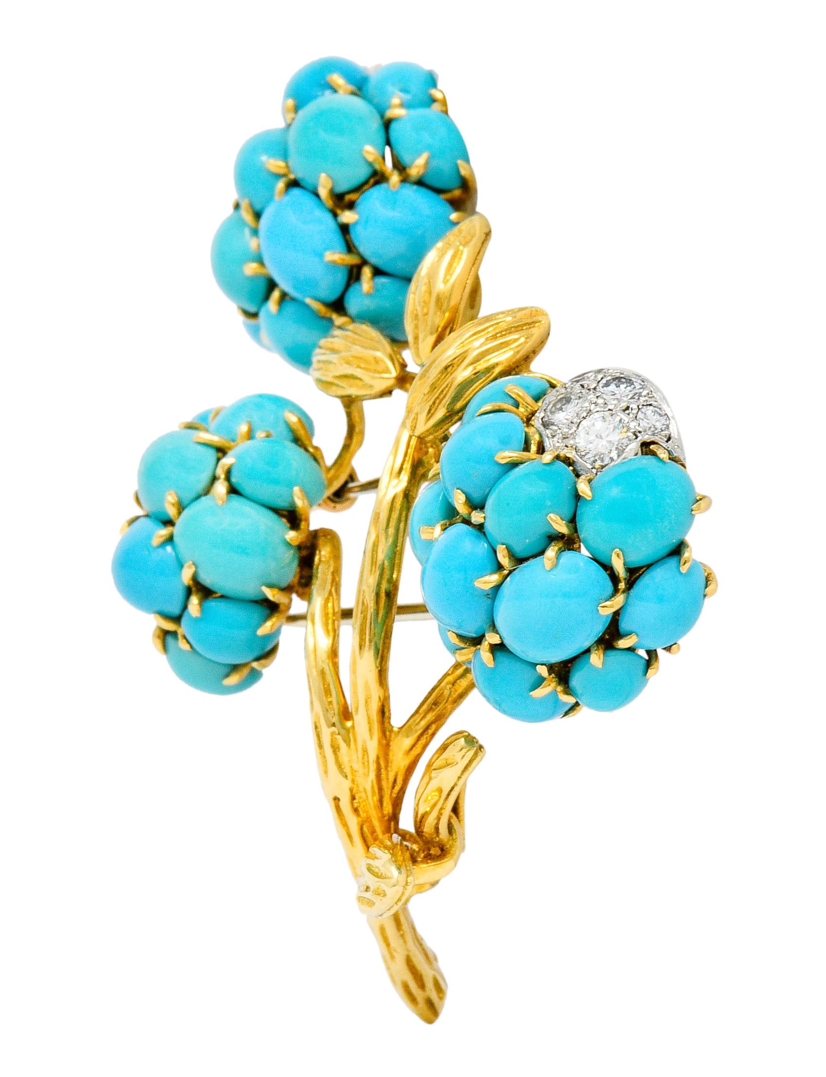 Contemporary 1960s Van Cleef & Arpels Pave Diamond Turquoise 18 Karat Gold Floral Brooch
