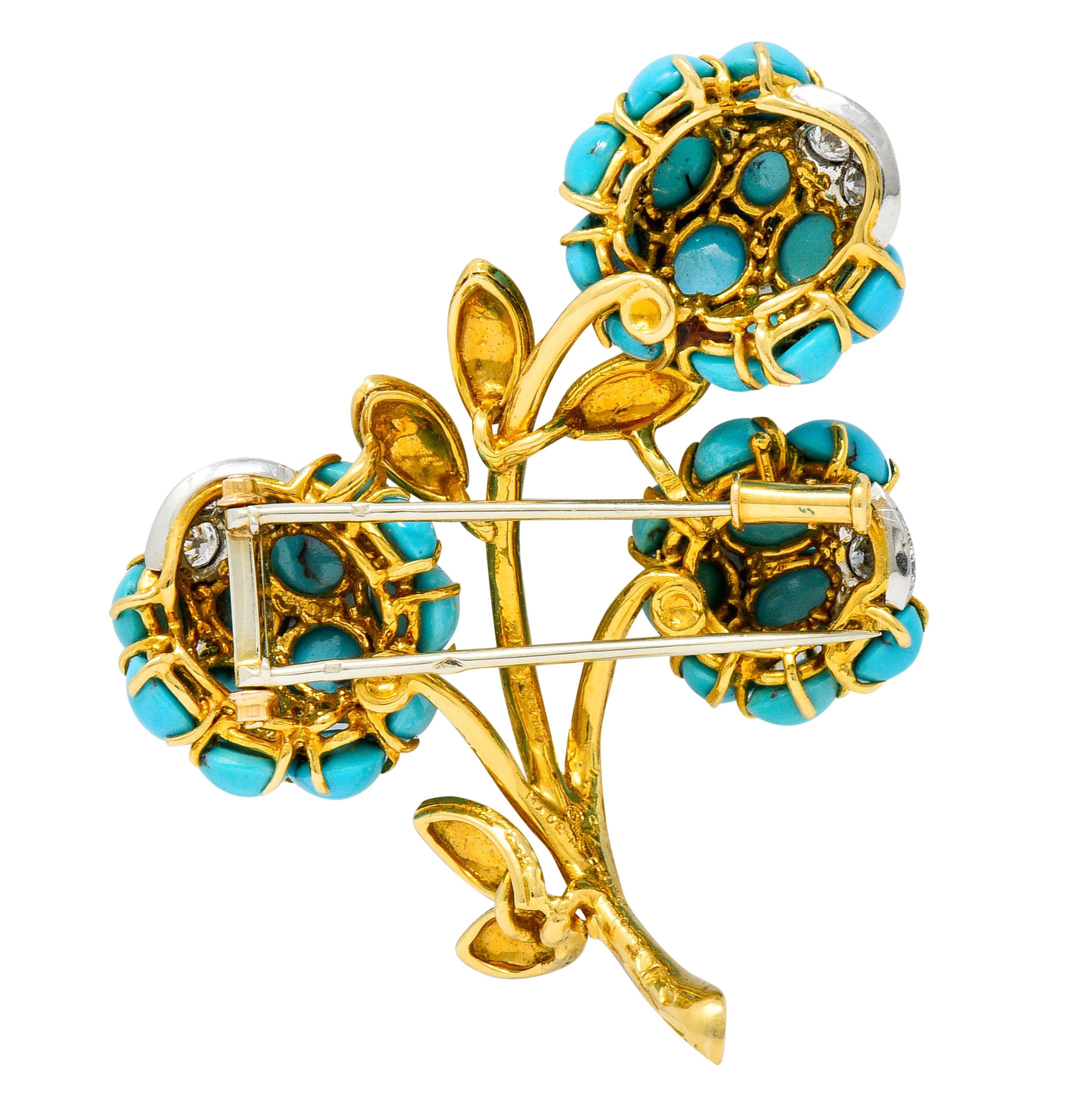 Brilliant Cut 1960s Van Cleef & Arpels Pave Diamond Turquoise 18 Karat Gold Floral Brooch