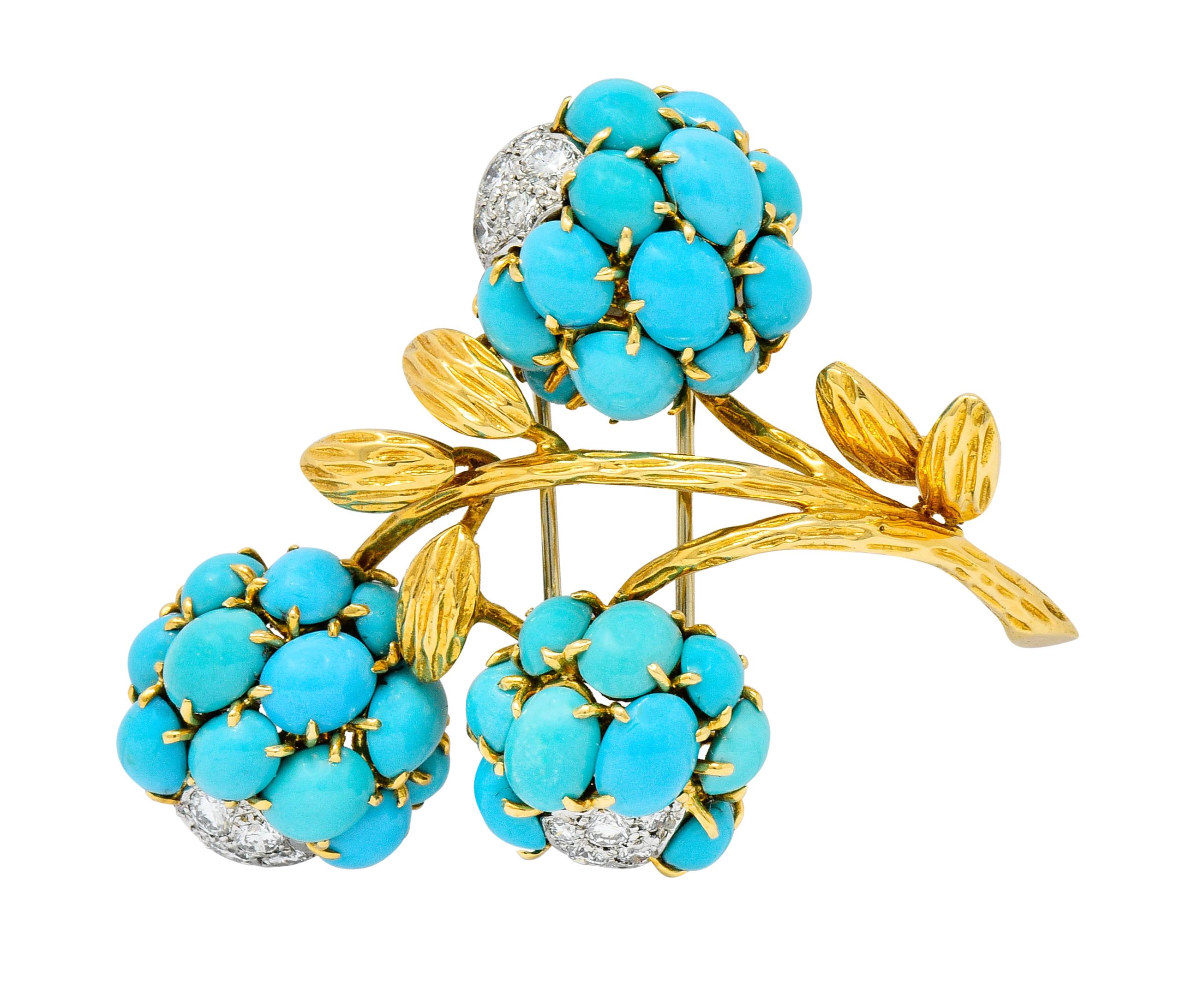1960s Van Cleef & Arpels Pave Diamond Turquoise 18 Karat Gold Floral Brooch In Excellent Condition In Philadelphia, PA