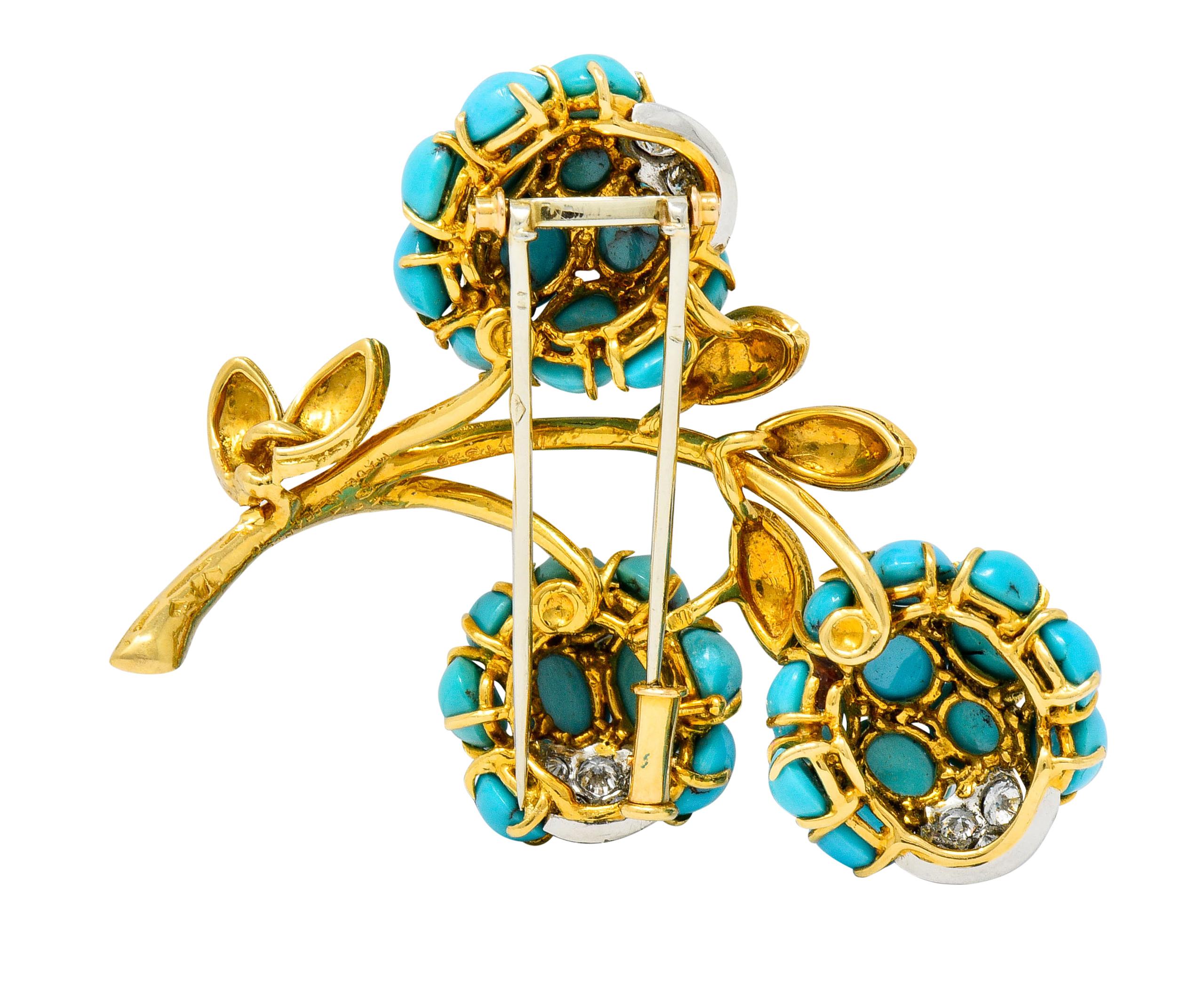 Women's or Men's 1960s Van Cleef & Arpels Pave Diamond Turquoise 18 Karat Gold Floral Brooch