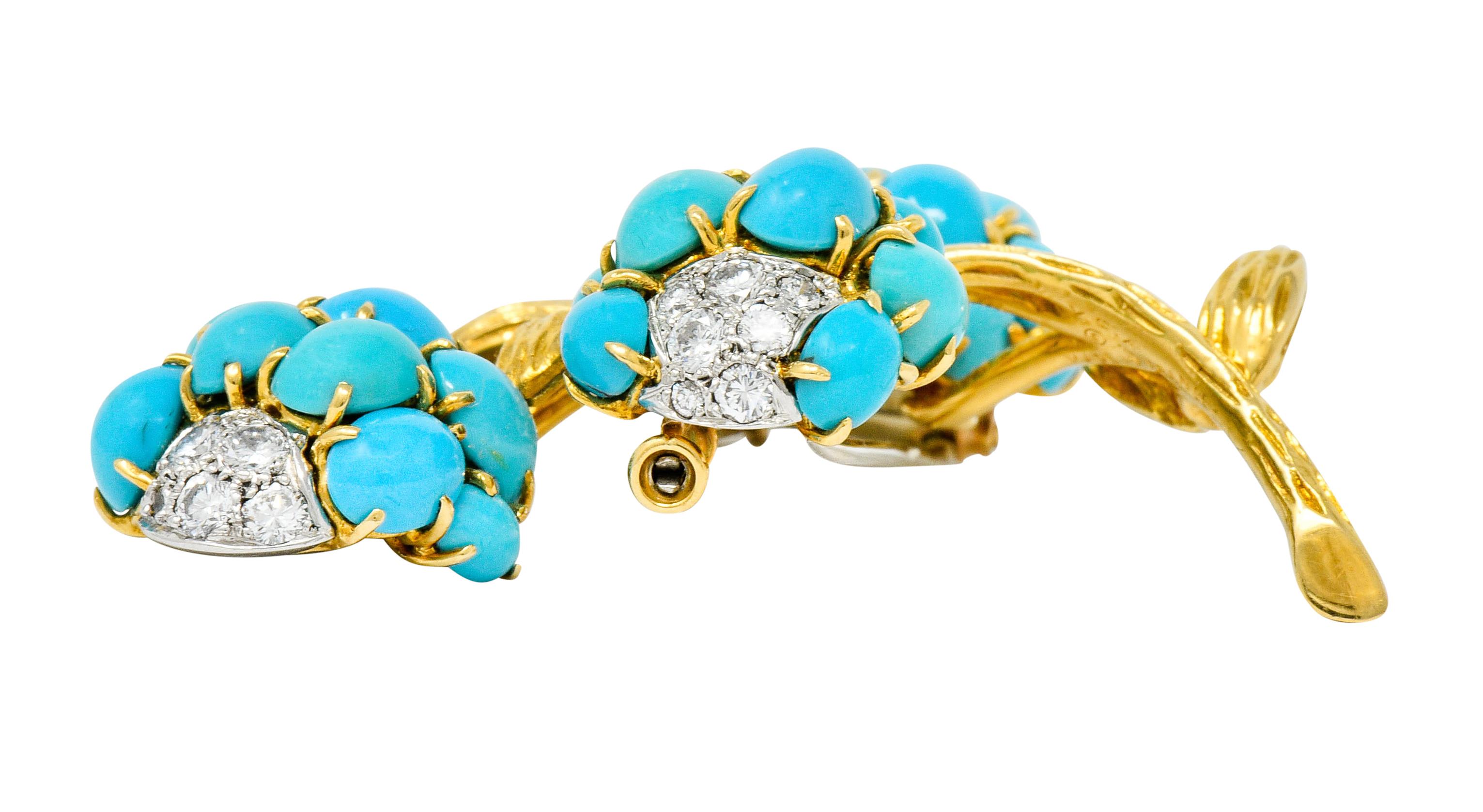 1960s Van Cleef & Arpels Pave Diamond Turquoise 18 Karat Gold Floral Brooch 2