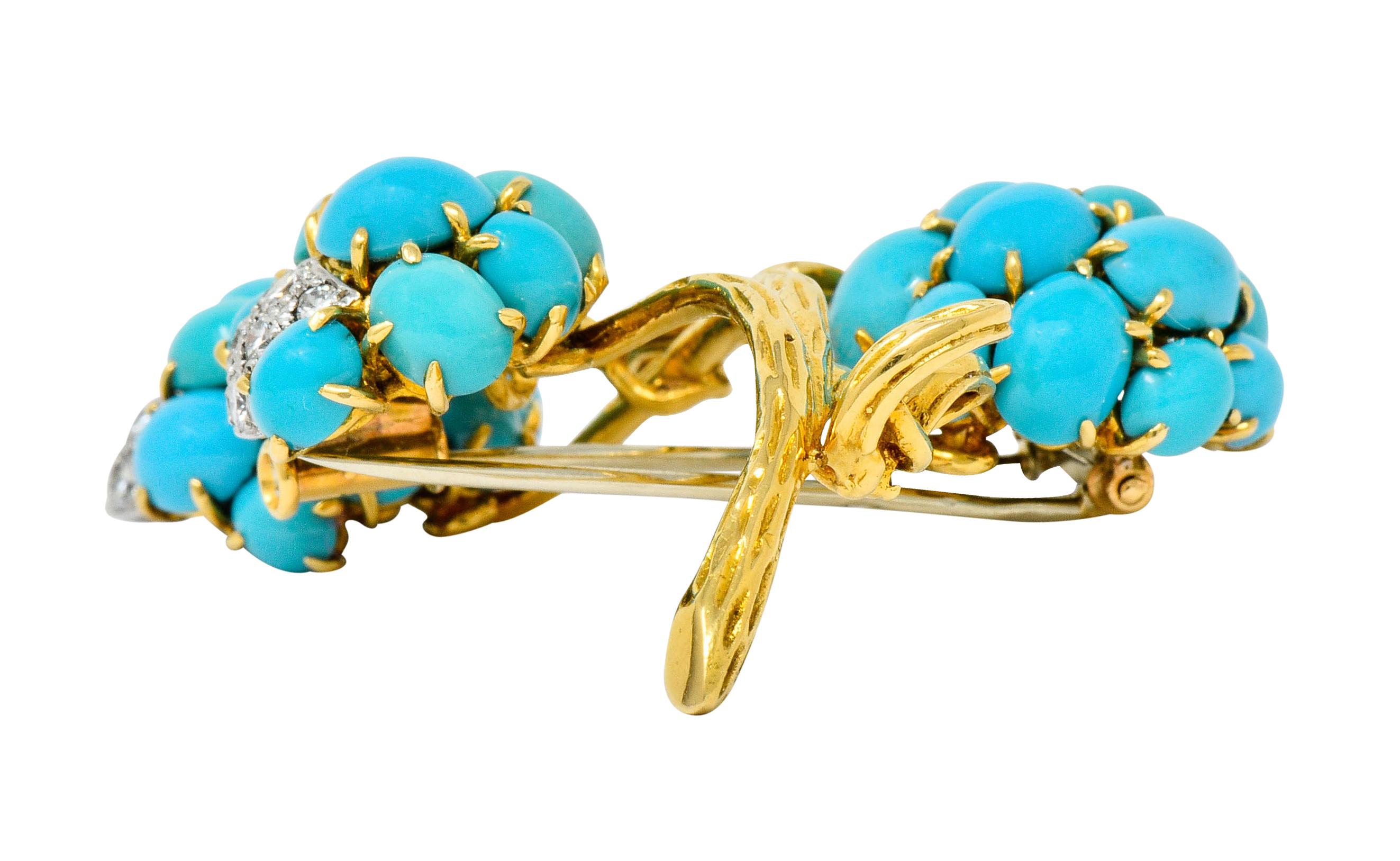 1960s Van Cleef & Arpels Pave Diamond Turquoise 18 Karat Gold Floral Brooch 3
