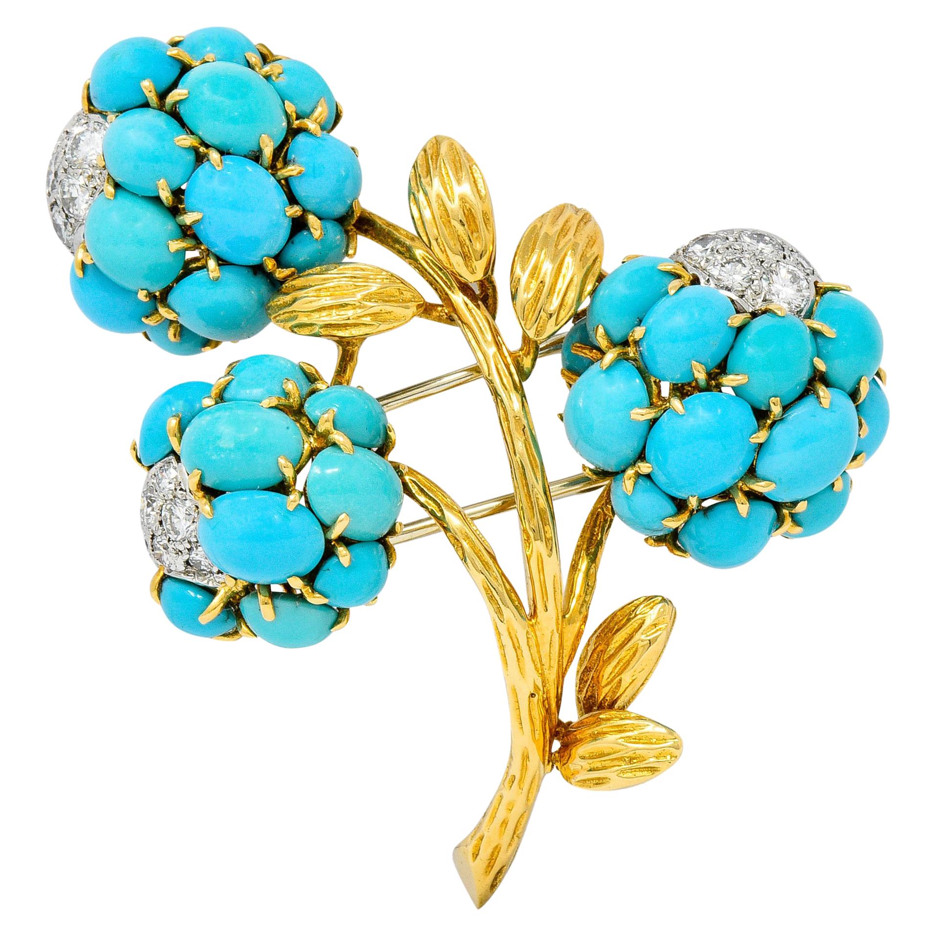 1960s Van Cleef & Arpels Pave Diamond Turquoise 18 Karat Gold Floral Brooch