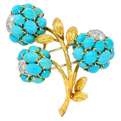 1960s Van Cleef & Arpels Pave Diamond Turquoise 18 Karat Gold Floral Brooch