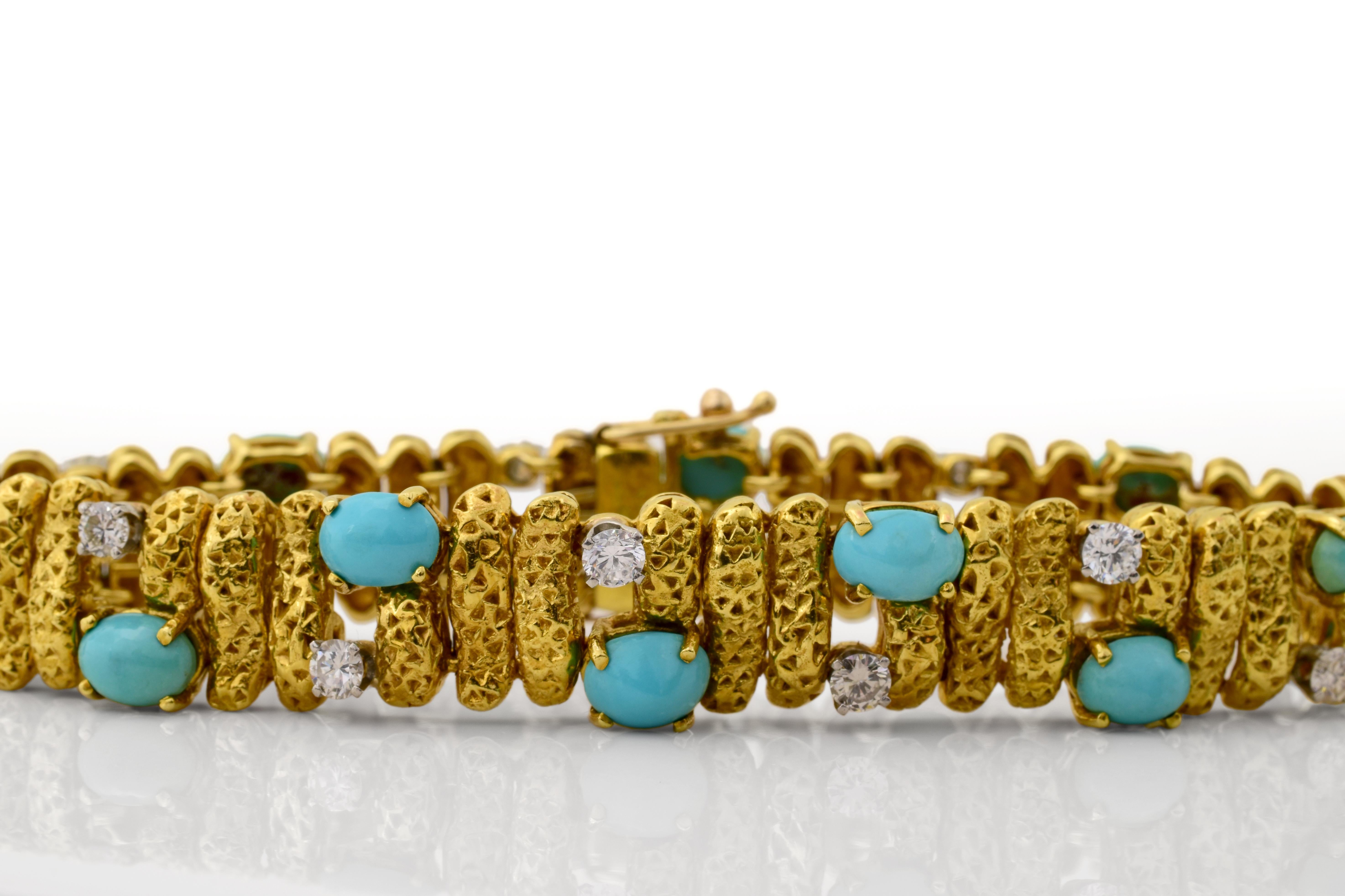 A vintage VCA, NY bracelet, circa 1960s. The bracelet features 18k yellow gold, turquoise, and diamonds. It is signed 