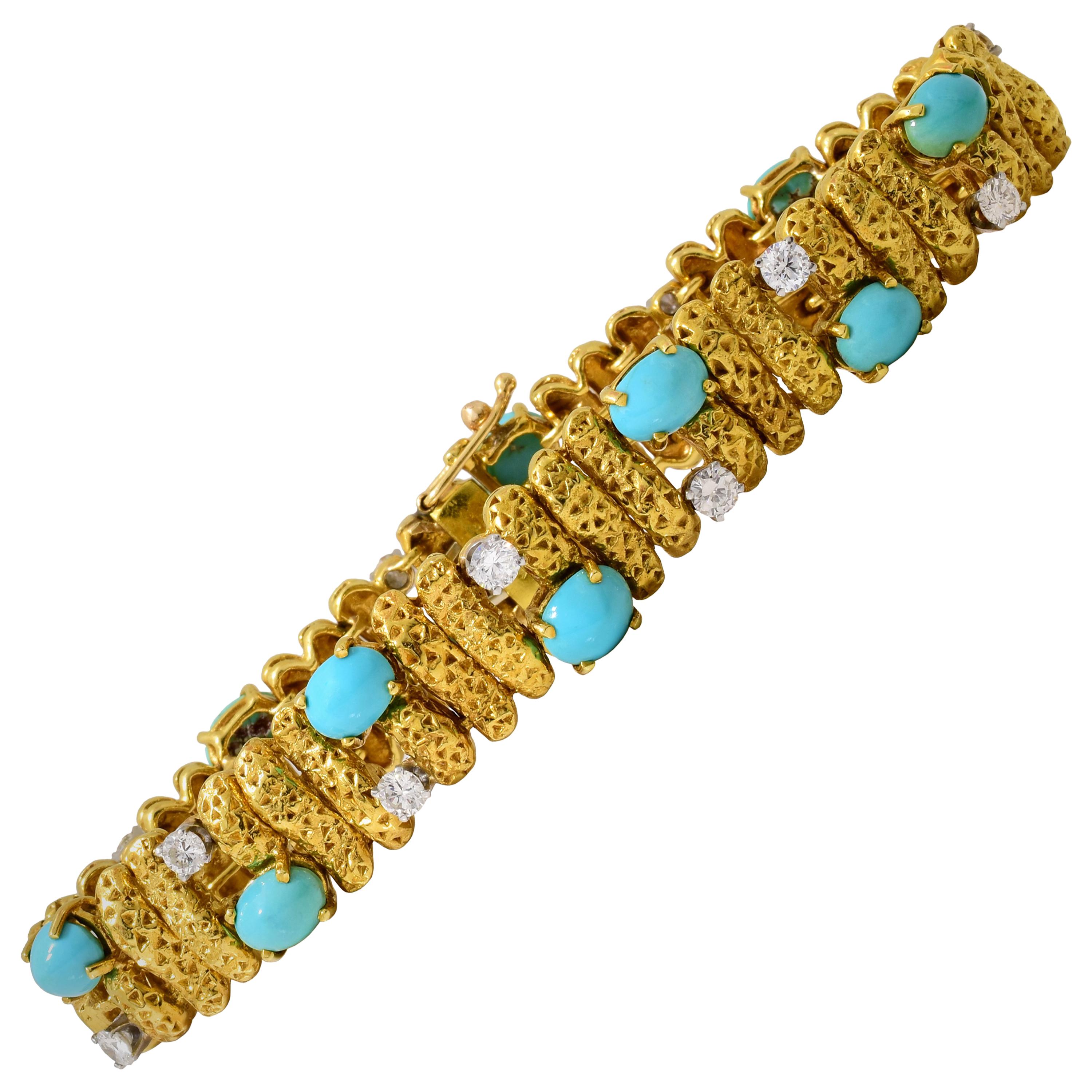 1960s Van Cleef & Arpels Turquoise Diamond Gold Bracelet For Sale