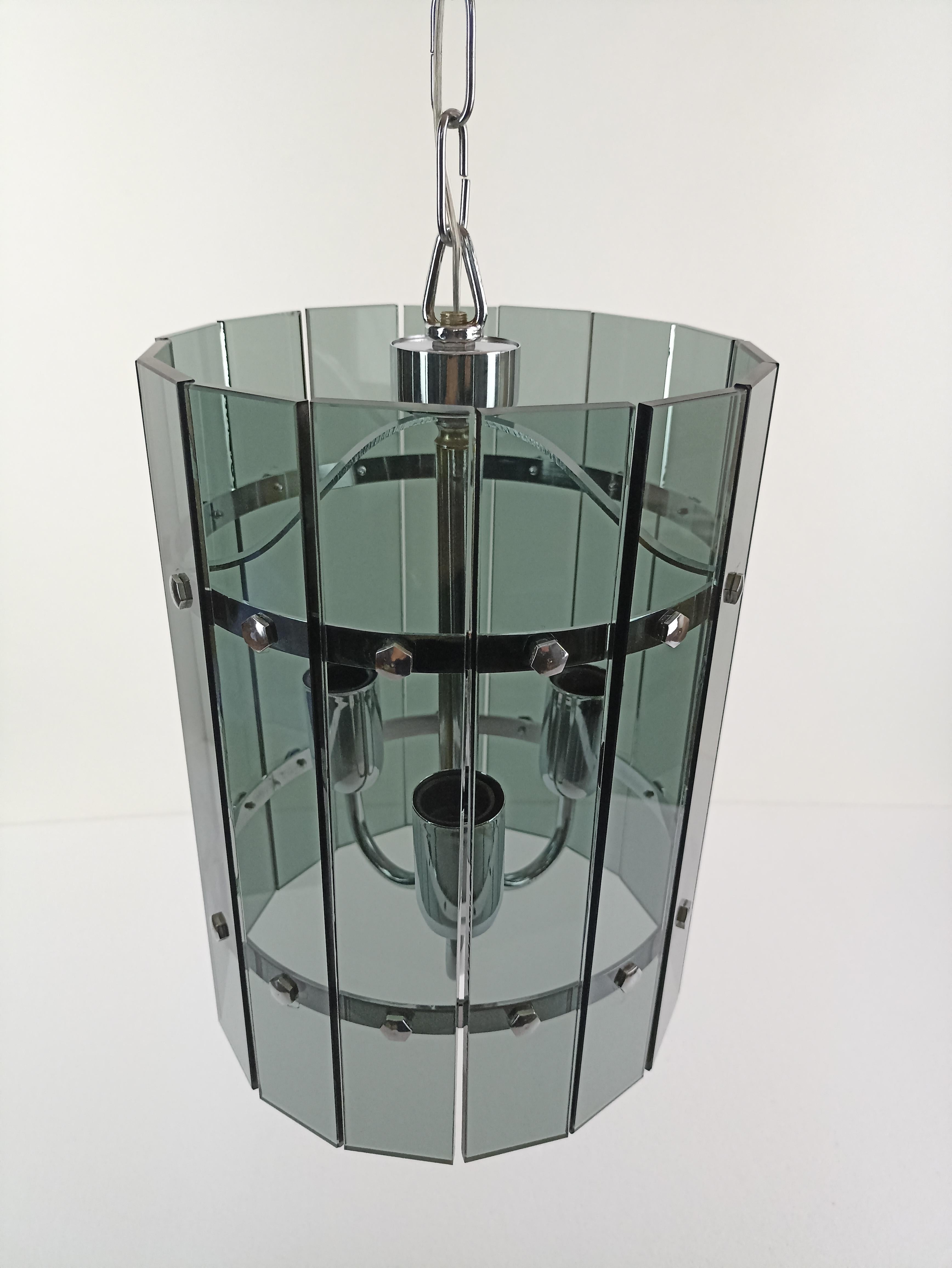 Beveled 1960s Veca Attributable Three-Light Lantern.Chrome Frame and Smoky Gray Crystals For Sale