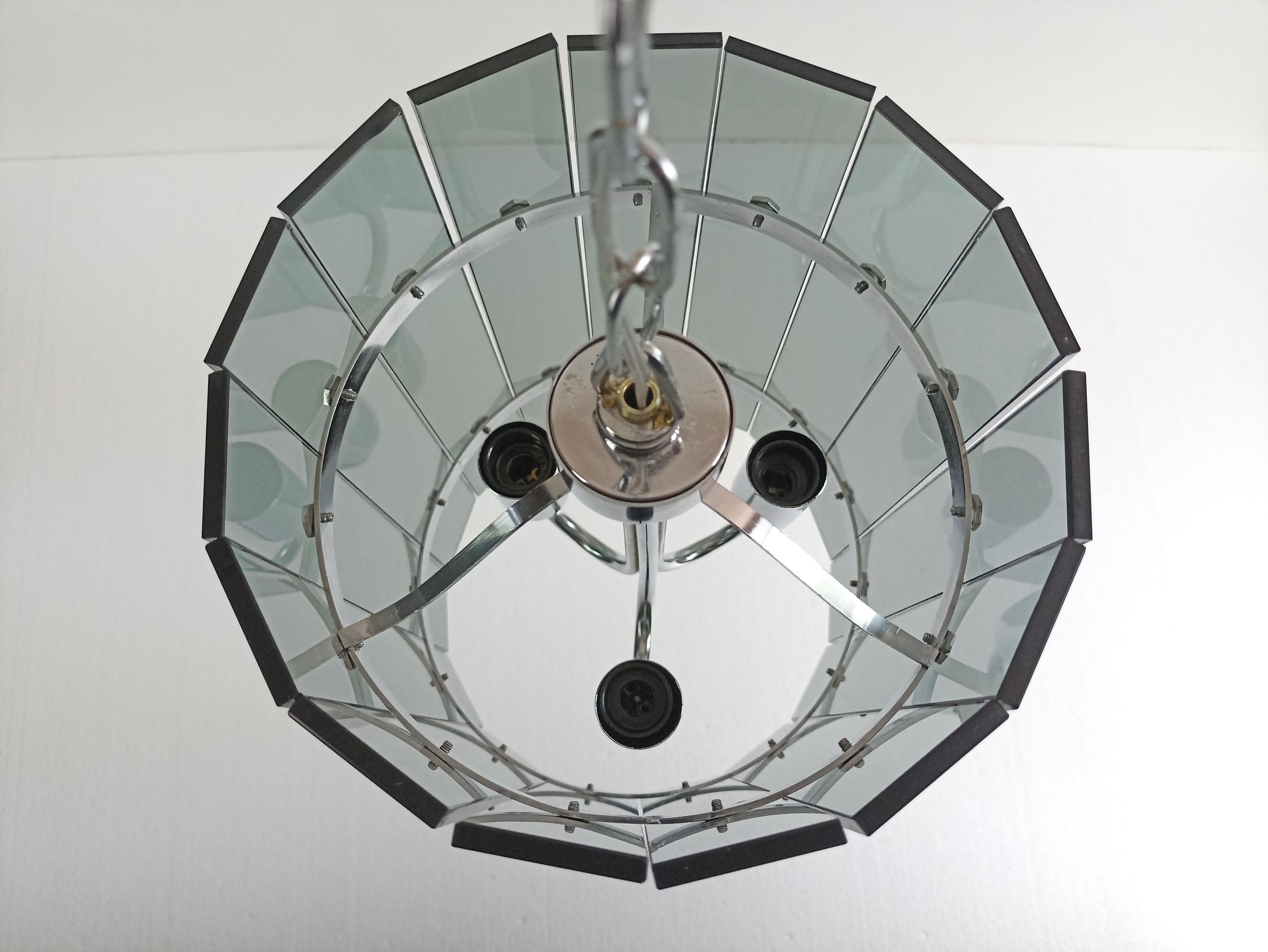 Mid-20th Century 1960s Veca Attributable Three-Light Lantern.Chrome Frame and Smoky Gray Crystals For Sale