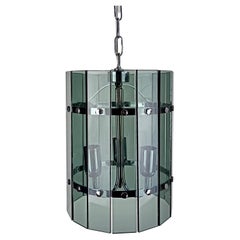 Used 1960s Veca Attributable Three-Light Lantern.Chrome Frame and Smoky Gray Crystals