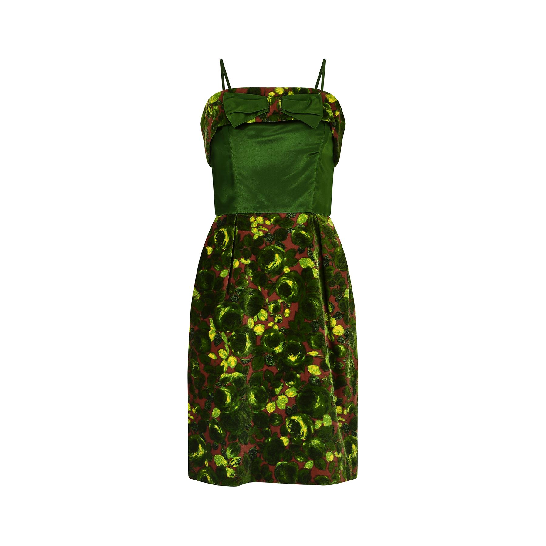 1960s Velvet and Green Satin Rose Print Dress For Sale 1