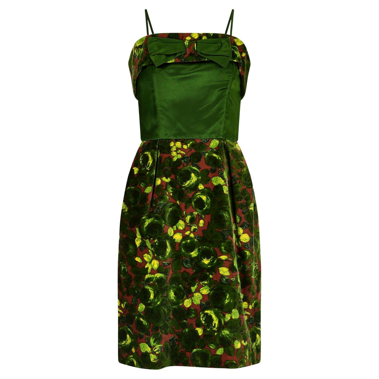 1960s Velvet and Green Satin Rose Print Dress For Sale