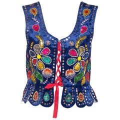 1970S Blue Cotton Velvet Boho Vest With Lacing, Floral Sequins And Beading