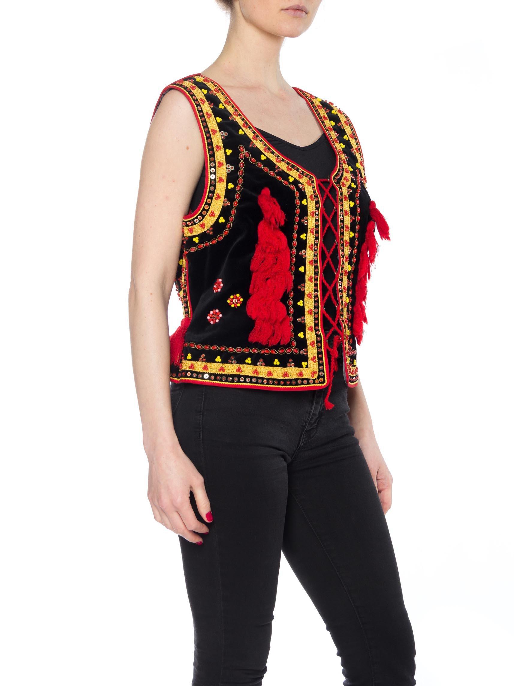 1970S Black Cotton Velvet Eastern European Lace-Up Front Top With Red & Gold Beading Tassels